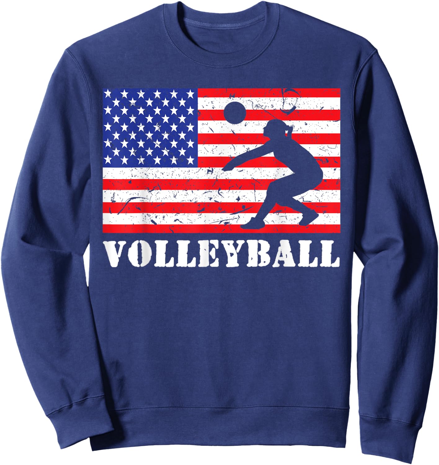 Distressed Volleyball USA American Flag Vintage Mine Player Sweatshirt - Sweatshirt | Navy