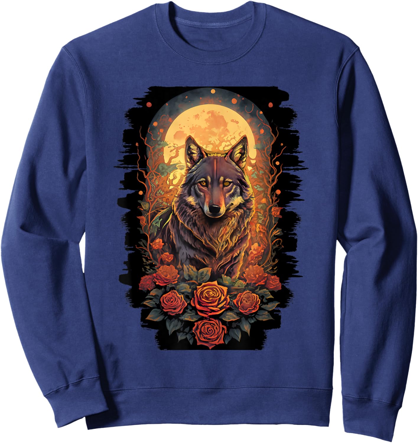 Botanical Wolf Women Roses Full Moon Kids Floral Wolf Sweatshirt - Sweatshirt | Navy