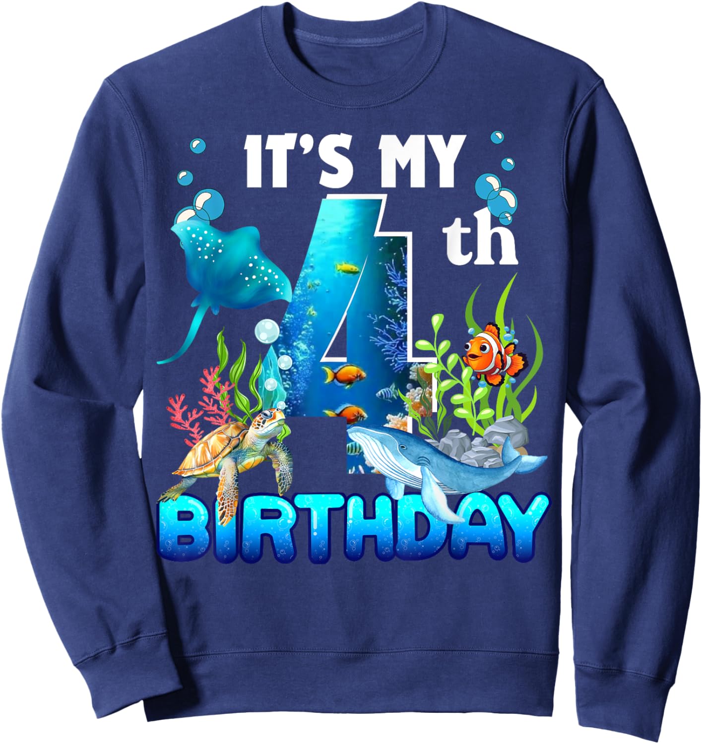 It's My 4th Birthday Party Ocean 4 Years Old Sea Fish B-Day Sweatshirt - Sweatshirt | Navy