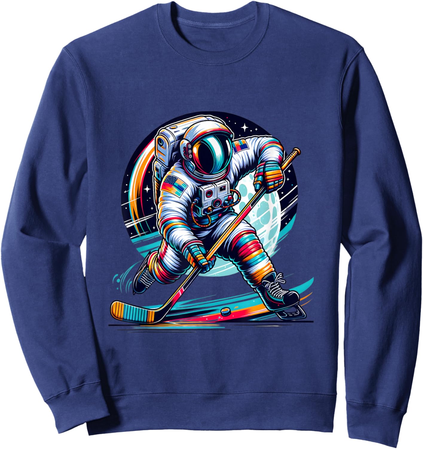 Ice Hockey Player Graphic Funny Astronaut Playing Ice Hockey Sweatshirt - Sweatshirt | Navy