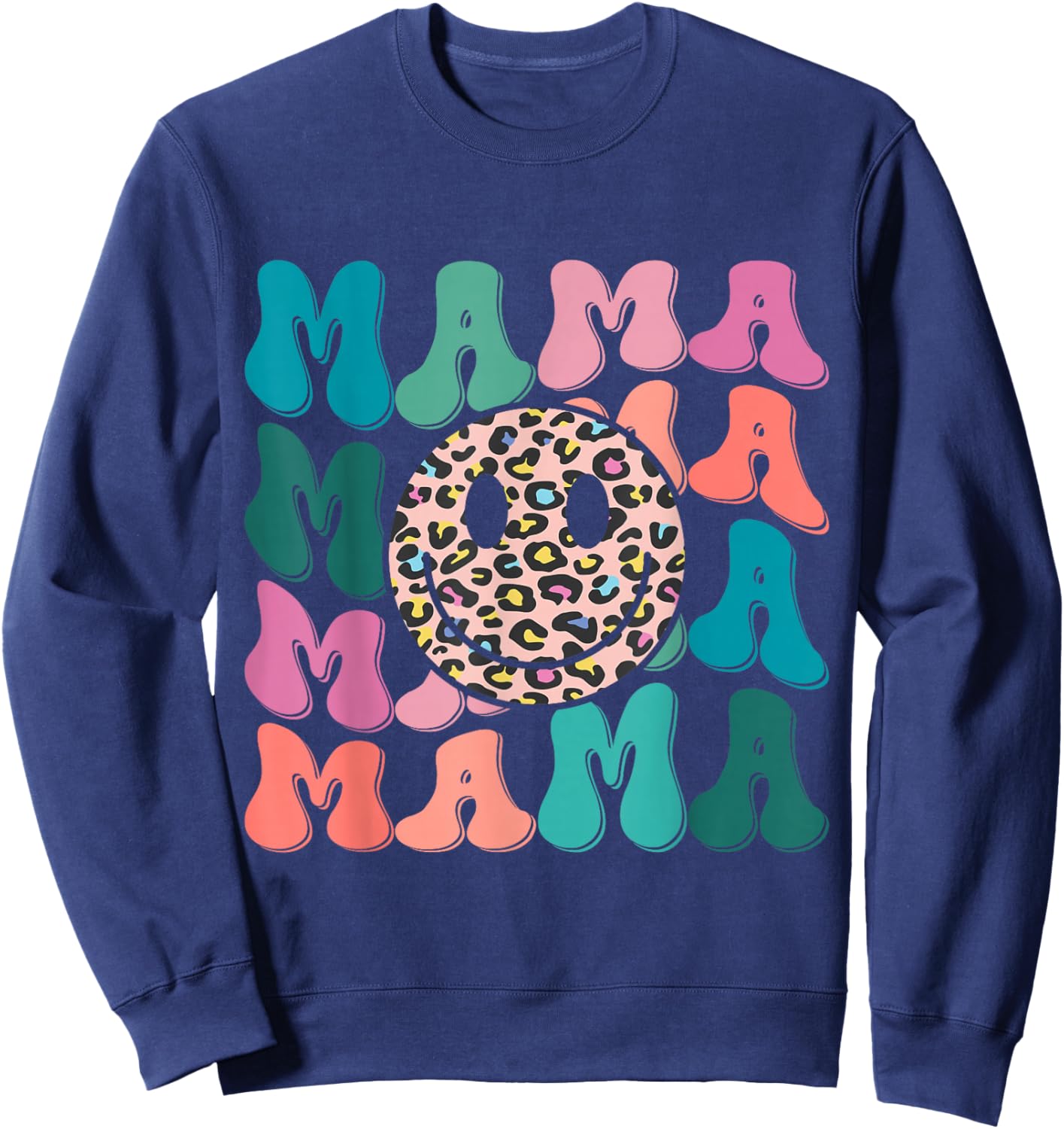Retro Leopard Mama Groovy Face Trendy New Mom Sweatshirt - Sweatshirt | Navy