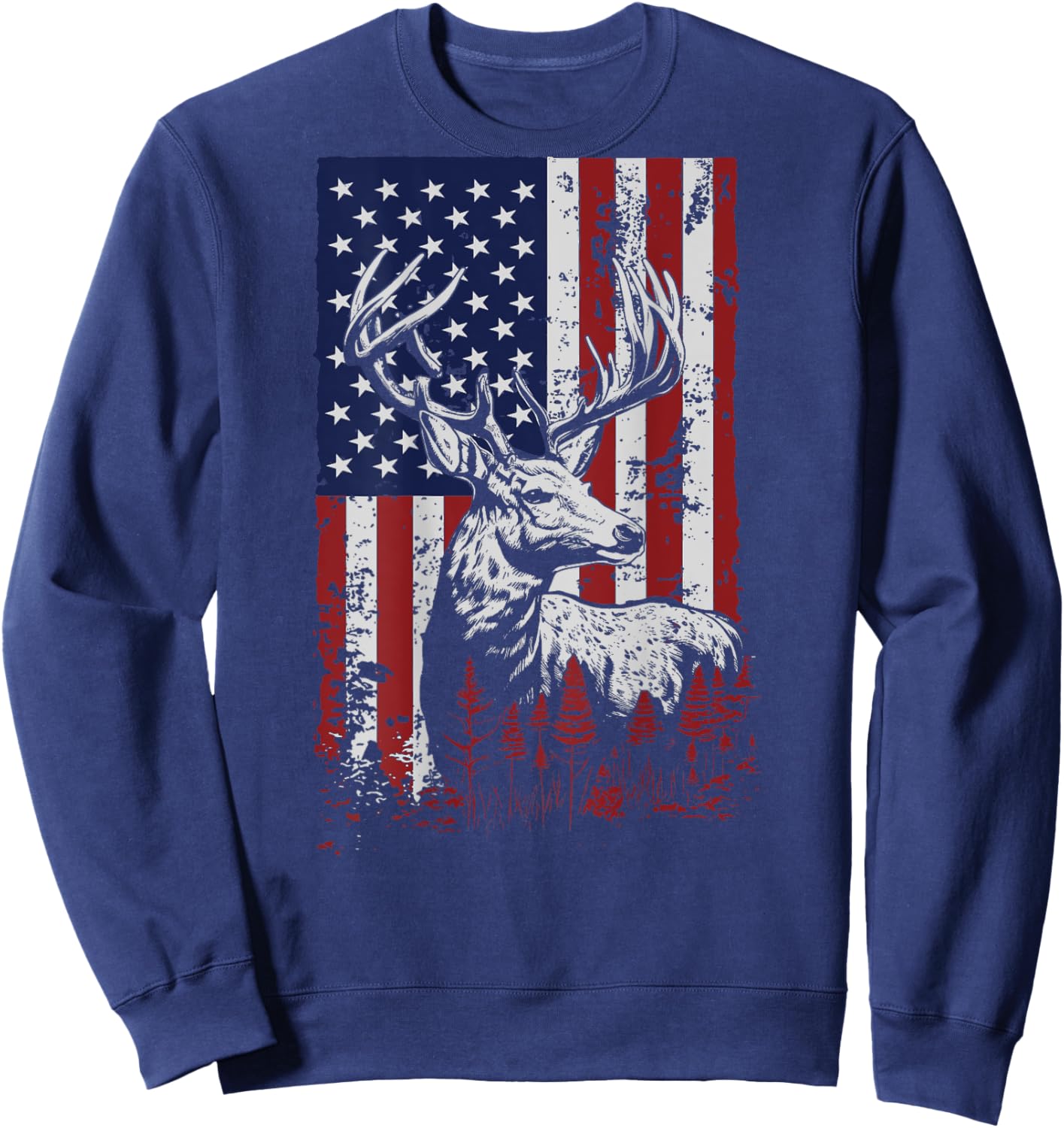 Whitetail Buck Deer Hunting American Flag Patriotic ON BACK Sweatshirt - Sweatshirt | Navy