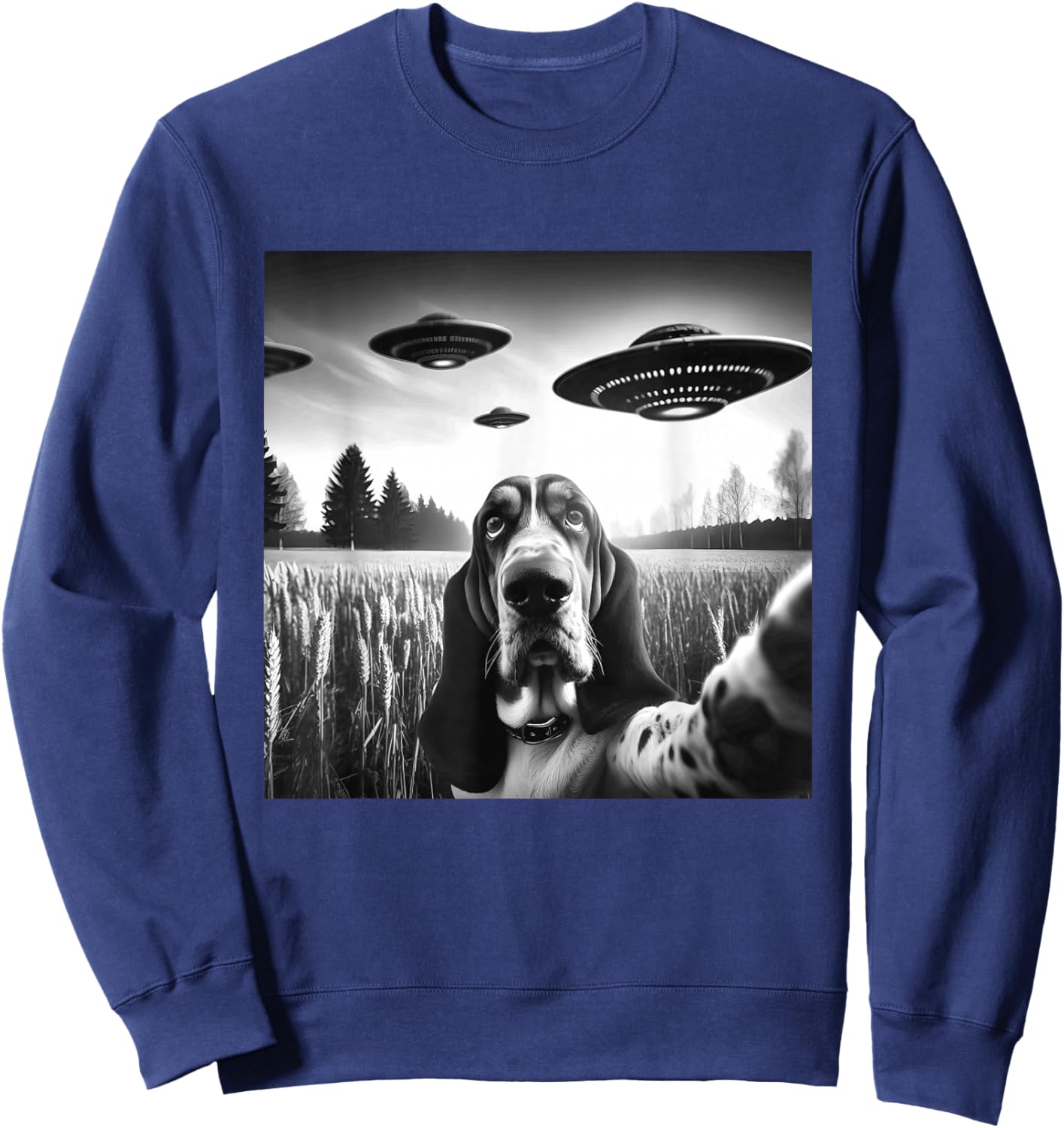 Basset Hound Funny Dog Graphic Selfie with UFOs Weird Aliens Sweatshirt - Sweatshirt | Navy