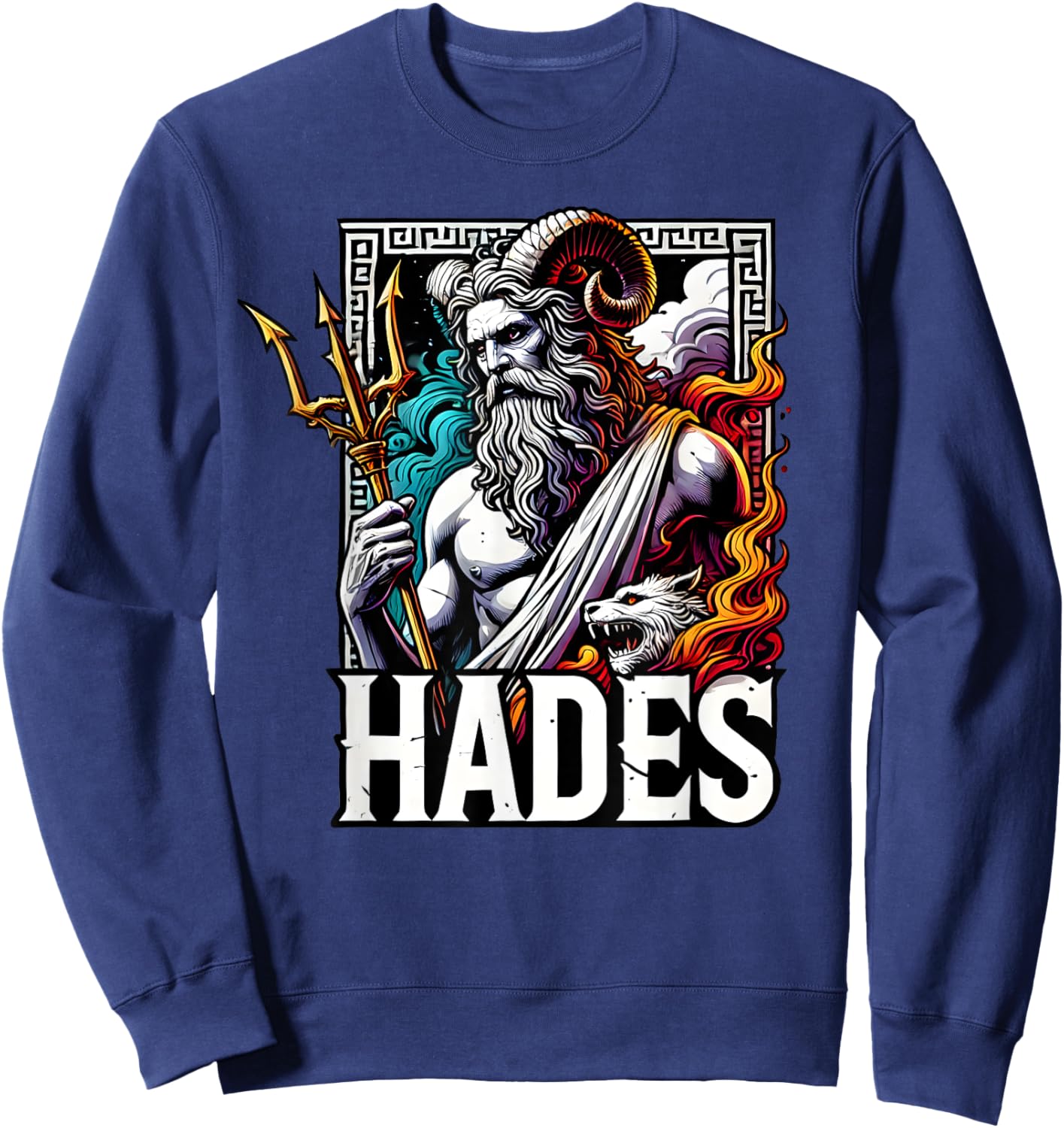 Mythology Greece Gods and Legends Hades Ancient Greek God Of The Underworld Cerberus -Adults and Kids Black Small Modern Letter Print Pull On Short Sleeve Sweatshirt - Sweatshirt | Navy