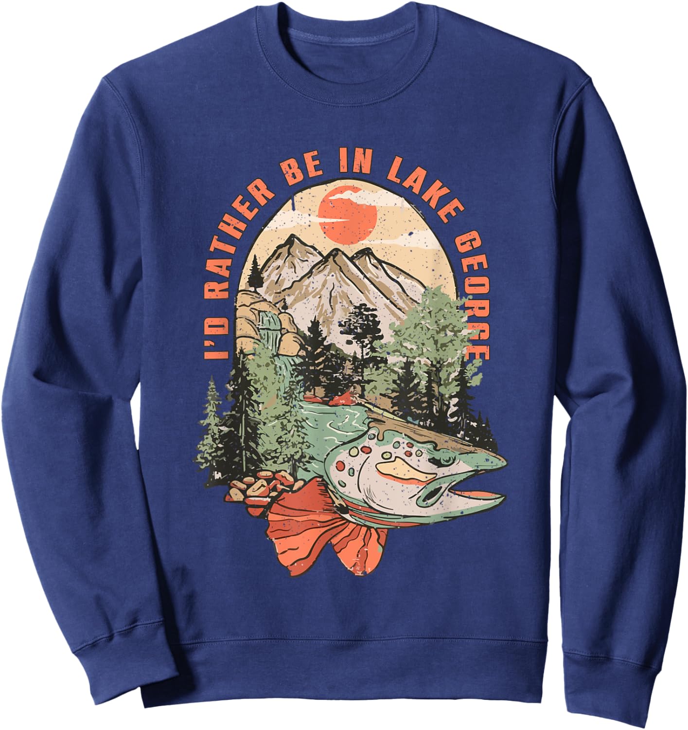 Vintage Lake Trout Fishing Lake George New York Camping Sweatshirt - Sweatshirt | Navy