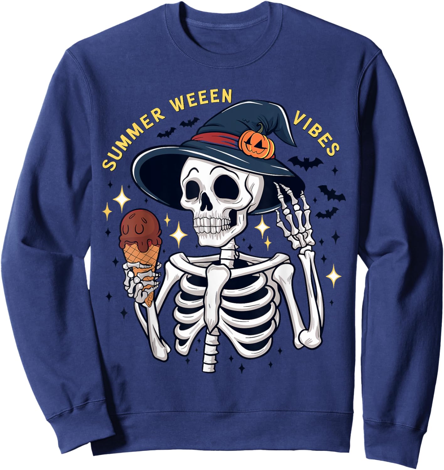 Summerween Vibes Funny Skeleton Ice Cream Summer Vacation Men Women Kids Sweatshirt - Sweatshirt | Navy