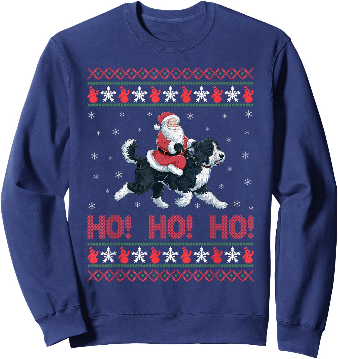 Ho Ho Ho Santa Riding Bernedoodle Dog Ugly Christmas Sweater Sweatshirt - Sweatshirt | Navy