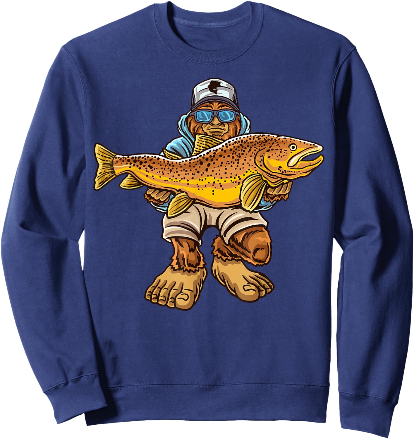 Brown Trout River Fishing Bigfoot Hunting Fishermen Sweatshirt - Sweatshirt | Navy