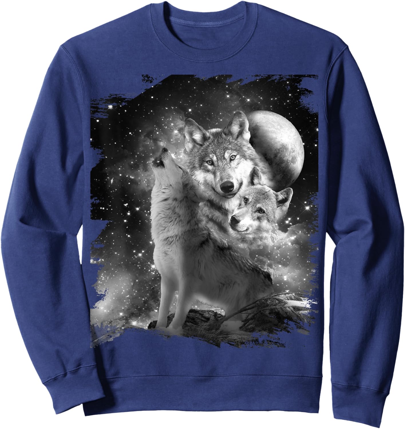 Random Galaxy Black and White Wolf Family, Wolves Howling Sweatshirt - Sweatshirt | Navy