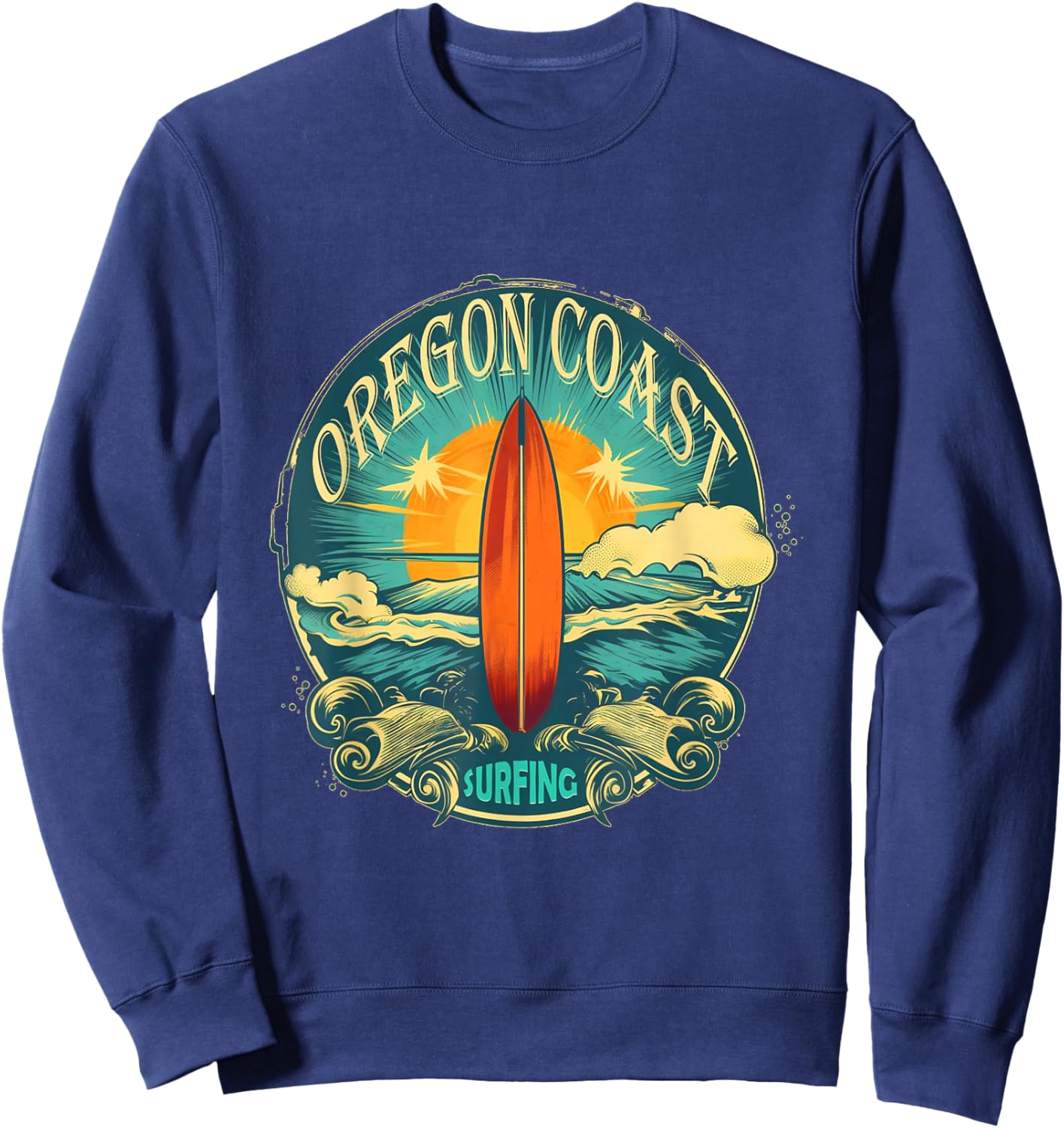 Oregon Coast Distressed Vintage Look Surf Surfing Surfboard Sweatshirt - Sweatshirt | Navy