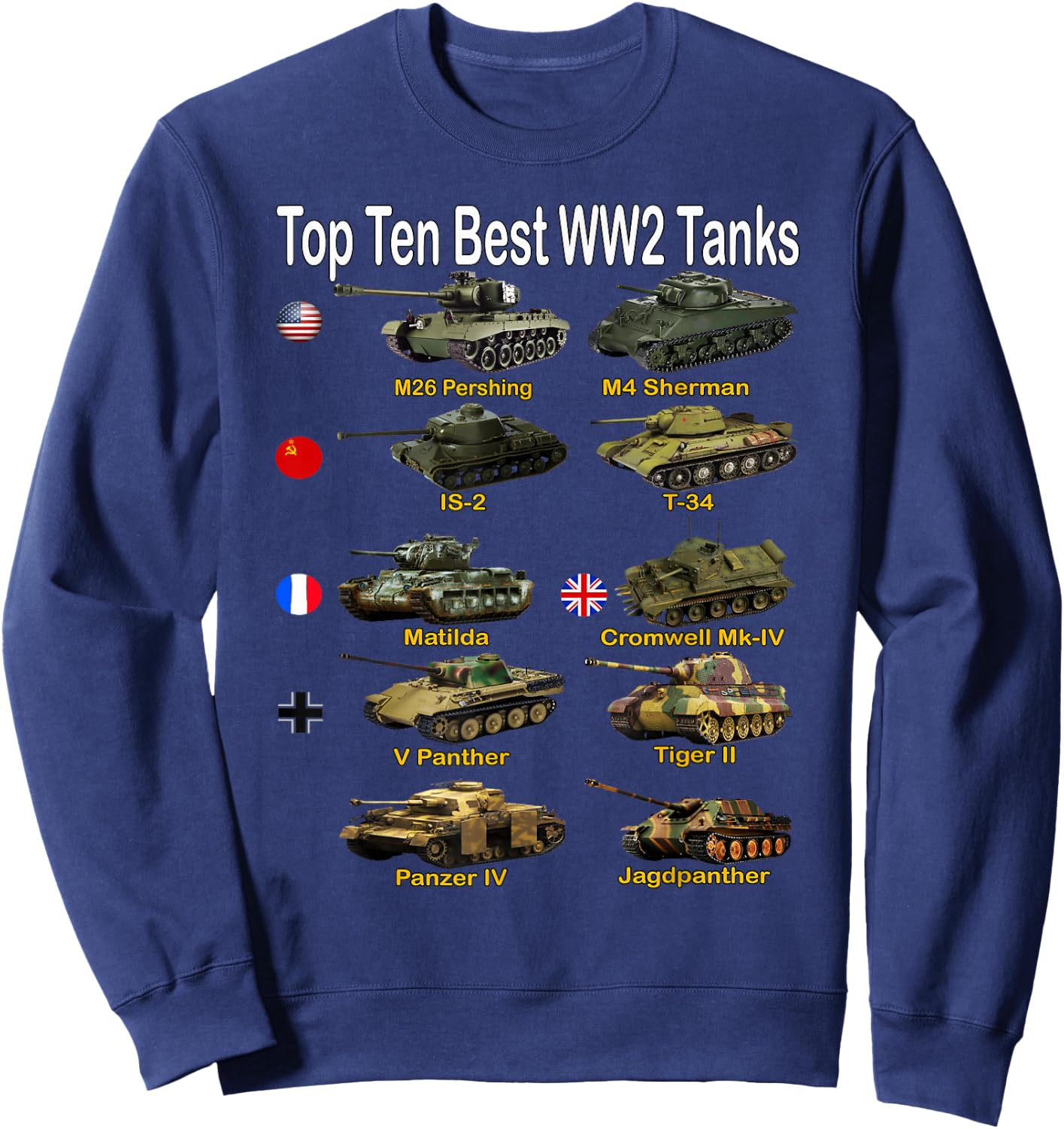 Top Ten Best WW2 Tanks | Sherman Panzer Panther Tiger T-34 Sweatshirt - Sweatshirt | Navy