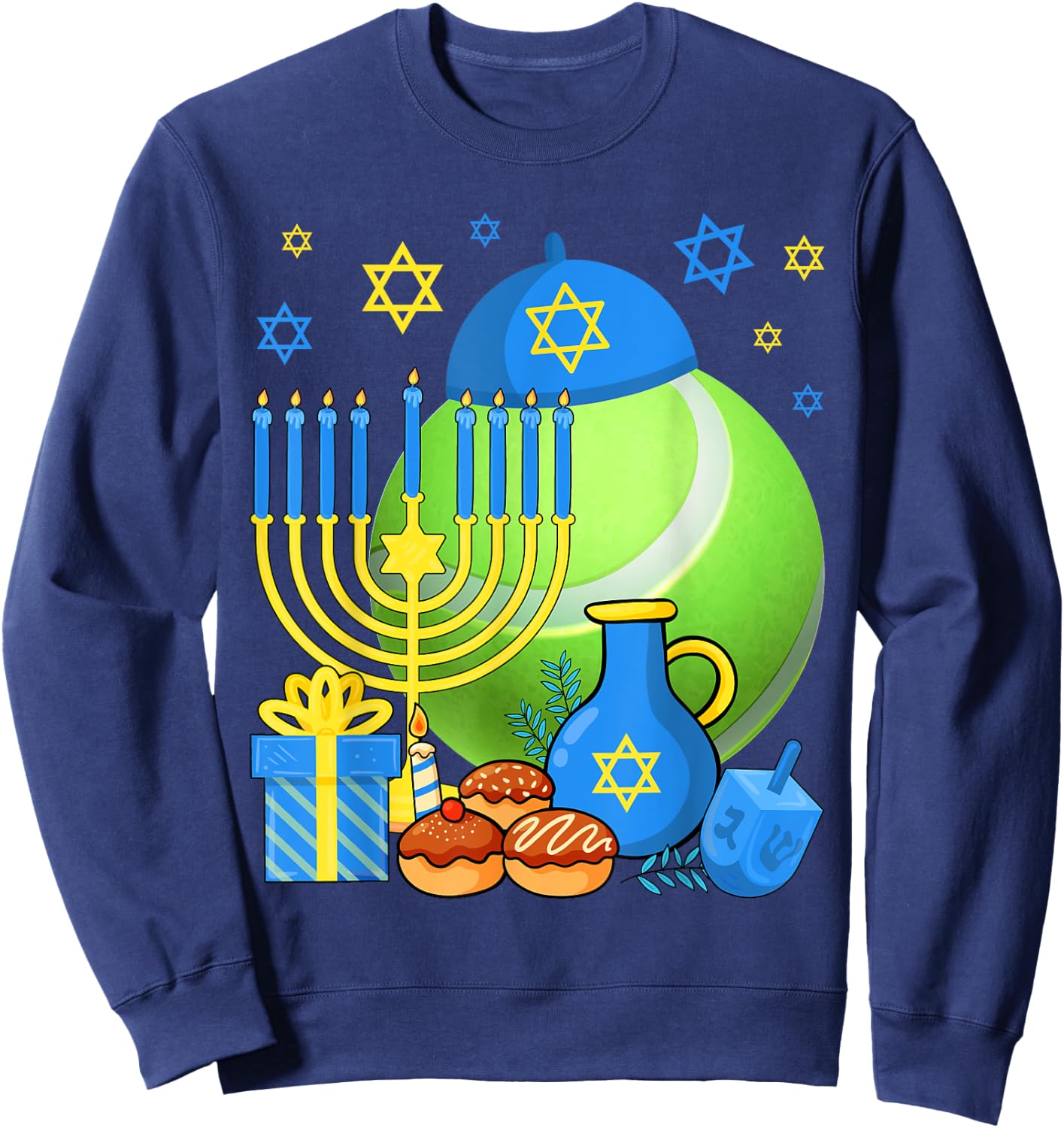 Funny Jewish Tennis Ball Menorah Happy Hanukkah Chanukah Kid Sweatshirt - Sweatshirt | Navy