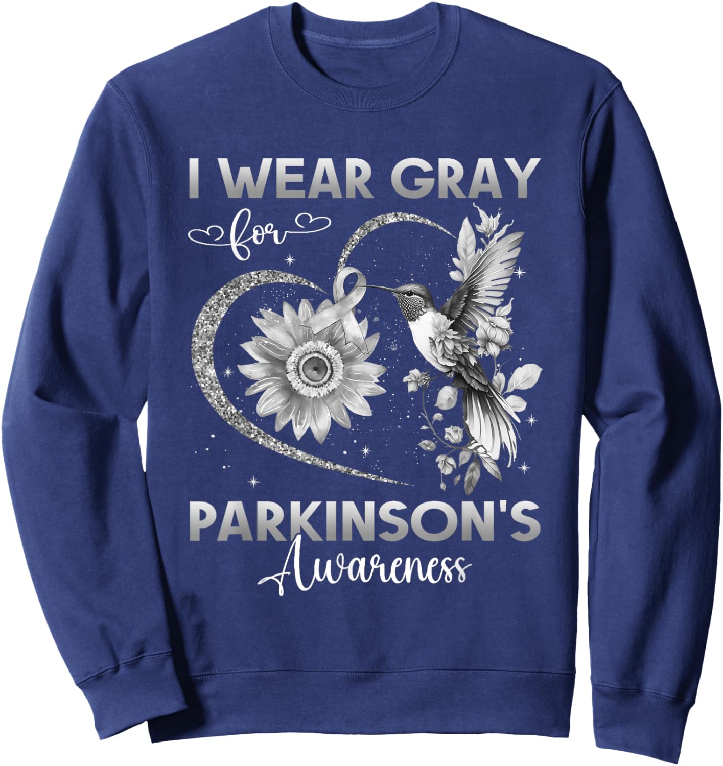 I Wear Gray For Parkinson's Awareness Hummingbird Sunflower Sweatshirt - Sweatshirt | Navy