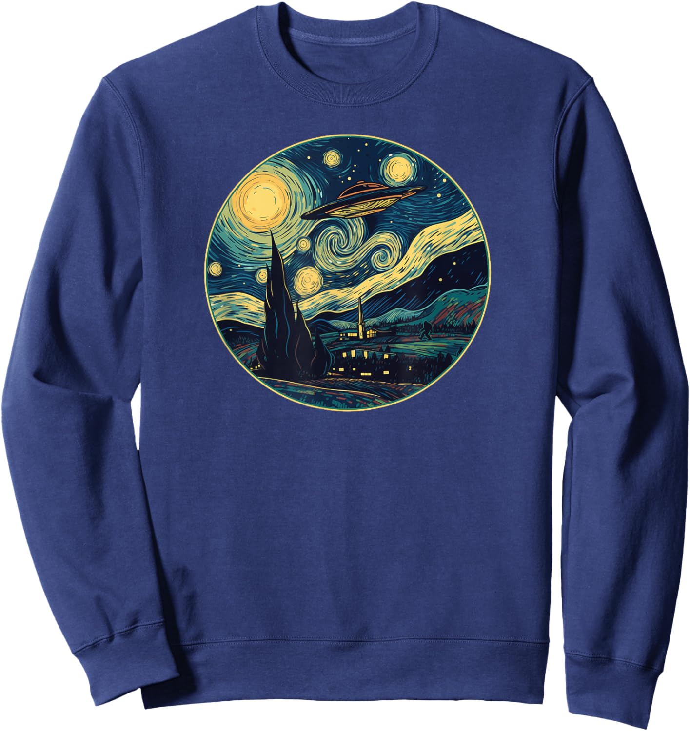UFO Aliens and Bigfoot Impressionist Style Novelty UAP Sweatshirt - Sweatshirt | Navy