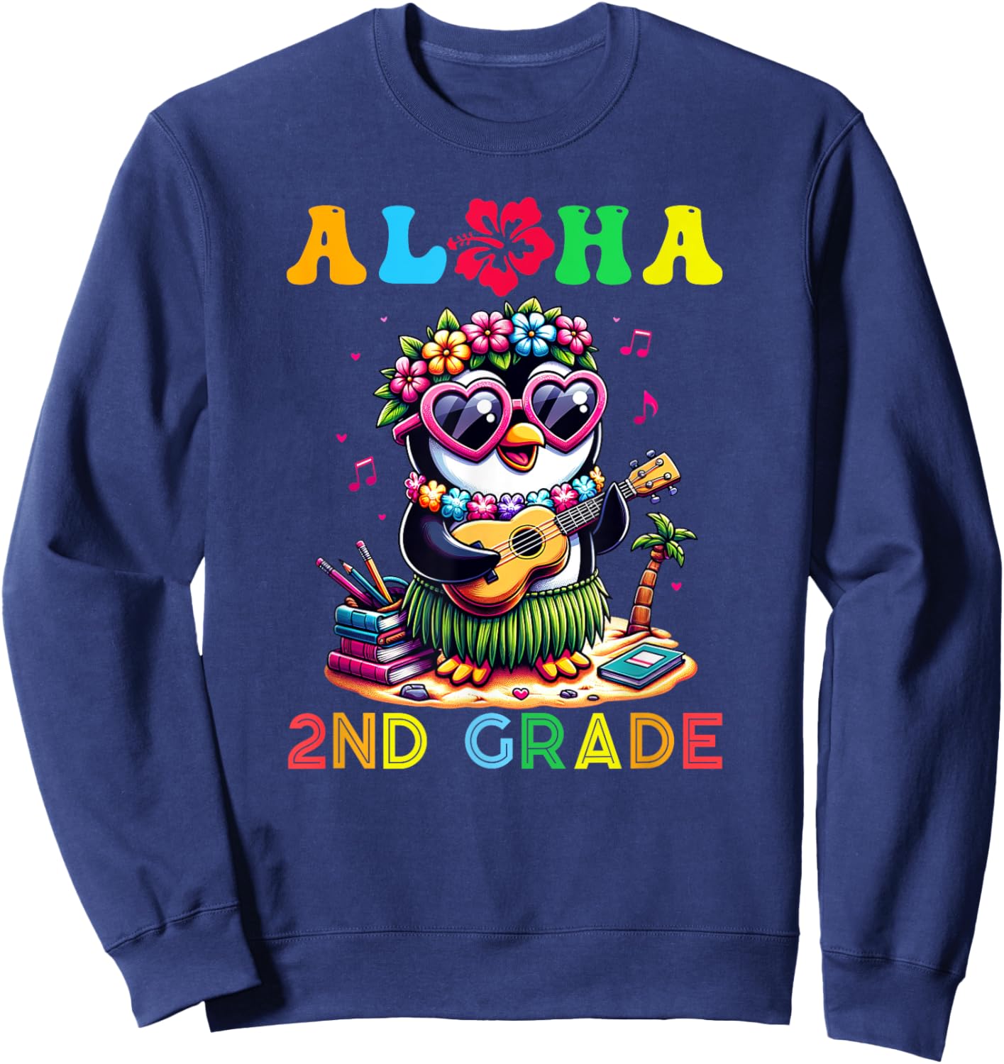 Aloha Second Grade Penguin Hawaii Back to School Kids Girl Sweatshirt - Sweatshirt | Navy
