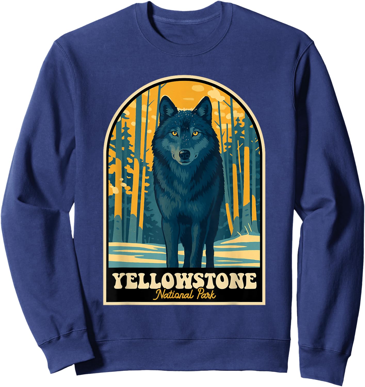 Yellowstone Wolf Vintage National Park Poster Sweatshirt - Sweatshirt | Navy