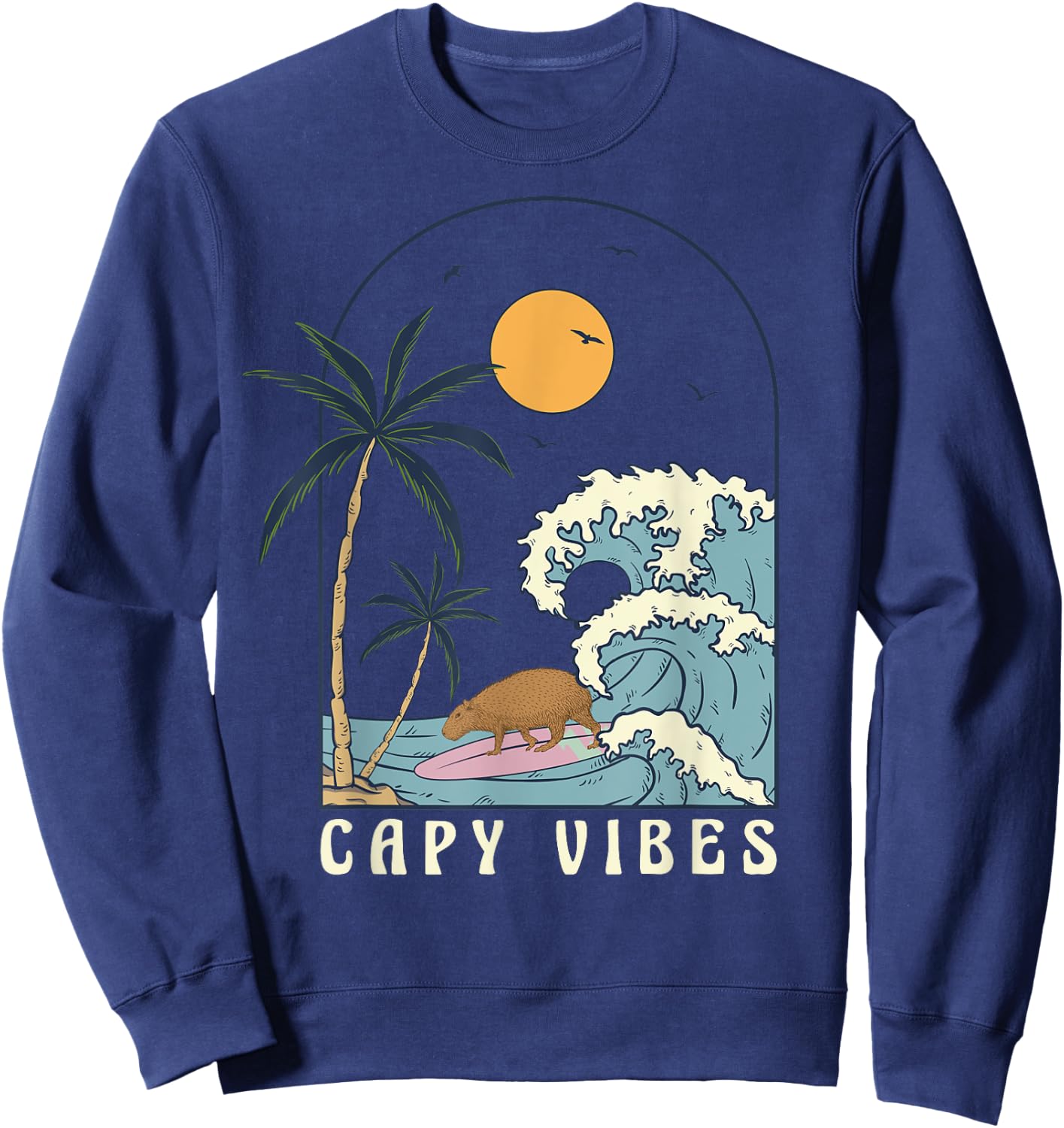 Capybara Surfing at Beach Sunset Summer Surf Capy Vibes Women Girls Kids Sweatshirt - Sweatshirt | Navy
