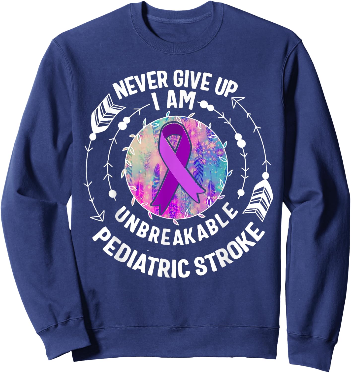 Pediatric Stroke Awareness Purple Ribbon Fight Warrior Kids Sweatshirt - Sweatshirt | Navy