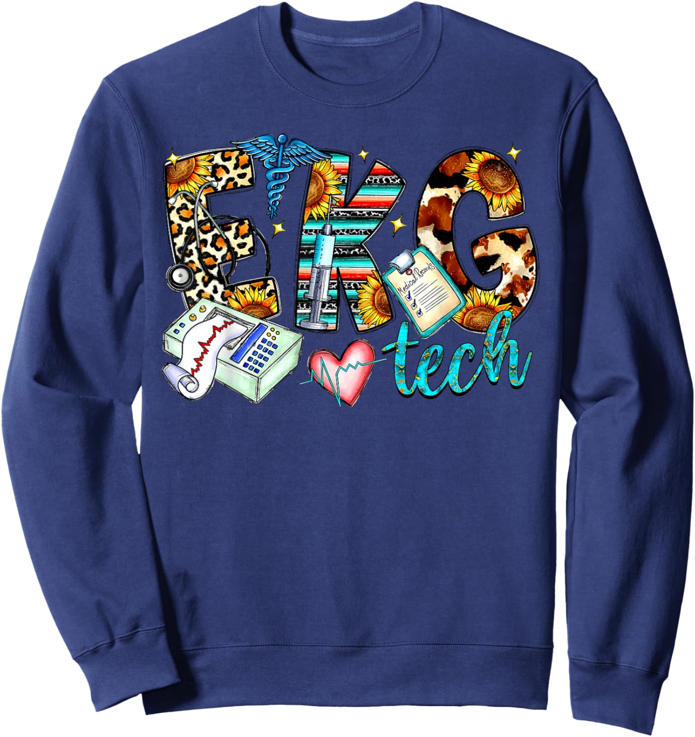 Retro Leopard EKG Tech Apparel Electrocardiogram Specialist Sweatshirt - Sweatshirt | Navy