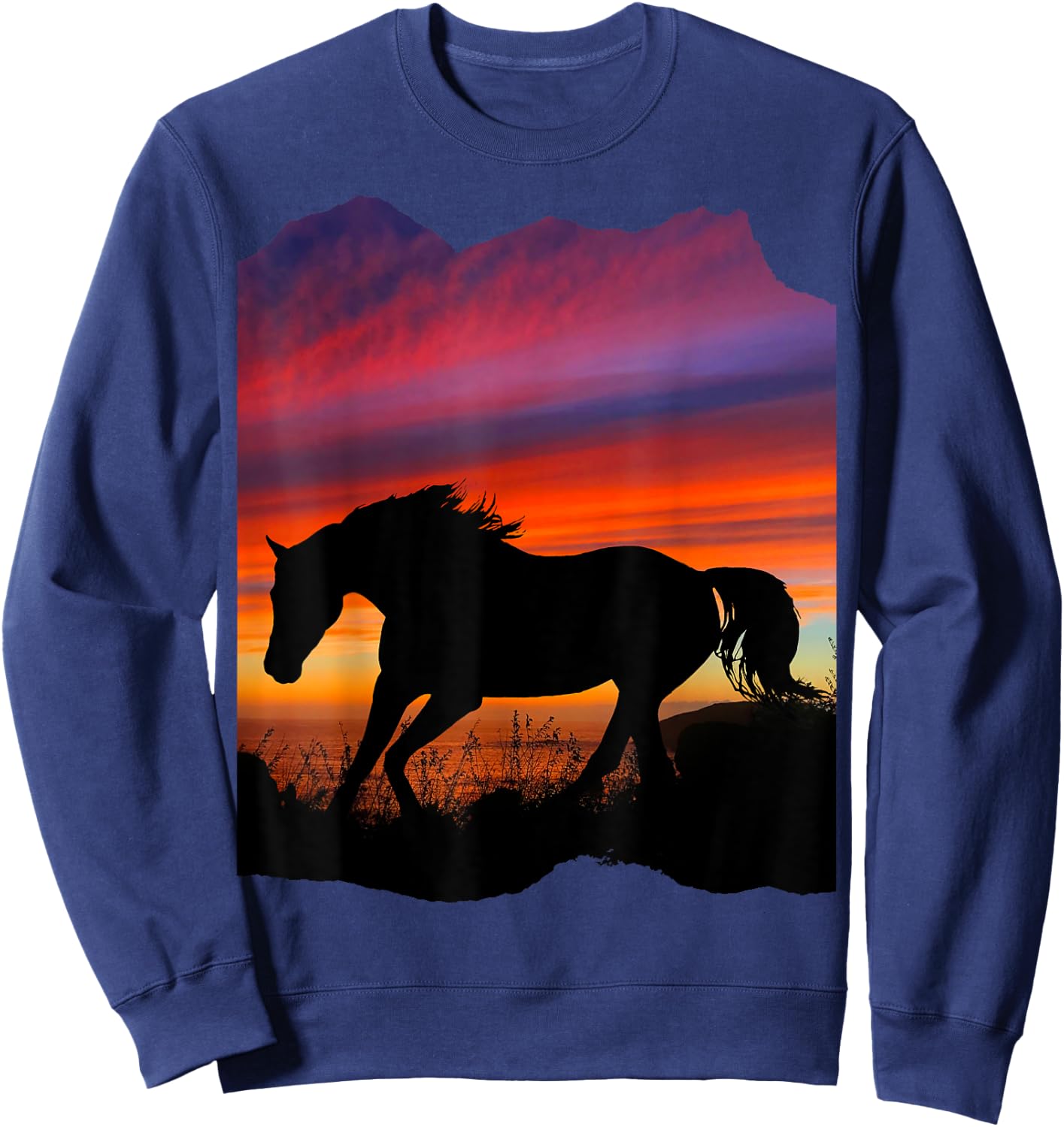 Beautiful Arabian horse sunset silhouette orange purple blue Sweatshirt - Sweatshirt | Navy