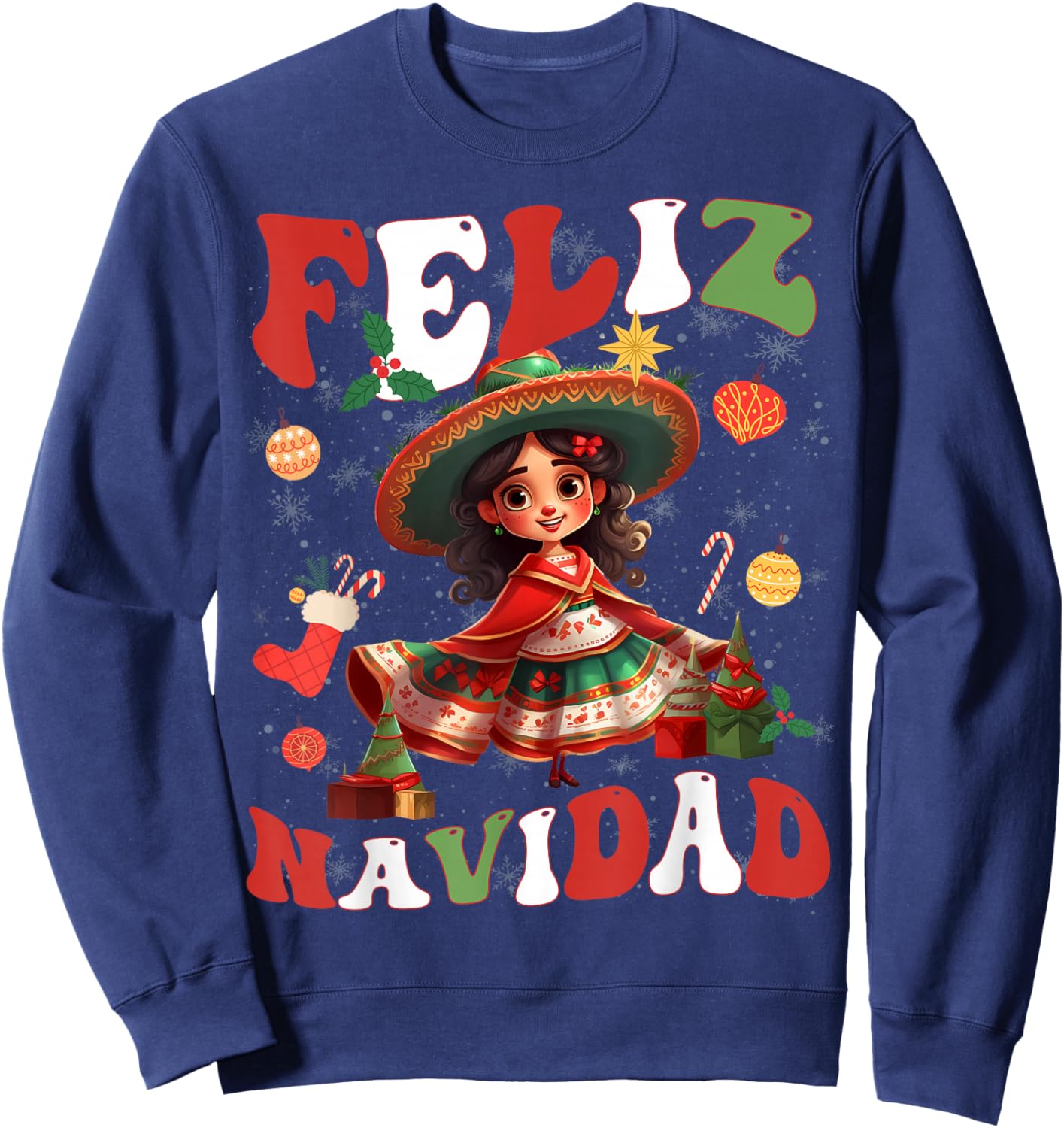 Girls Vintage Feliz Navidad Retro Christmas Spanish Xmas Sweatshirt - Sweatshirt | Navy
