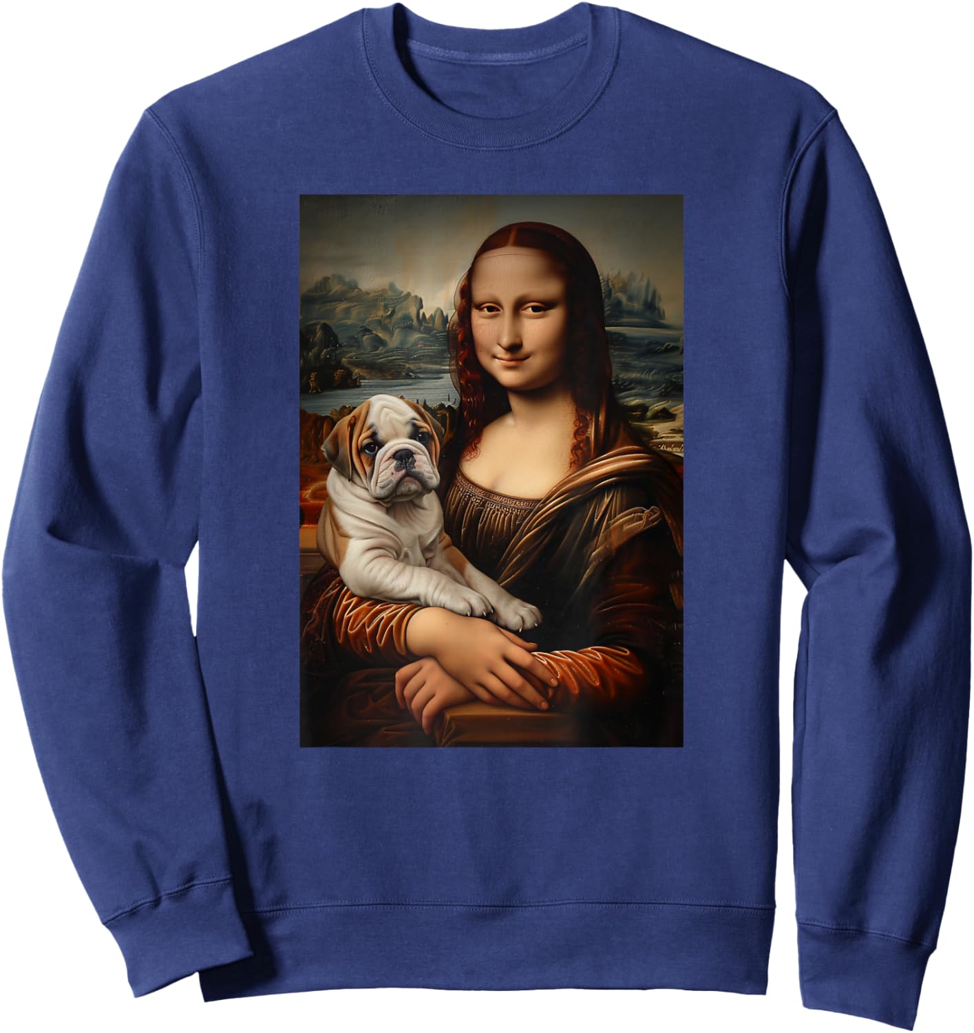 English Bulldog Mona Lisa Painting Art Dog Mom Dad Women Girls Kids Sweatshirt - Sweatshirt | Navy