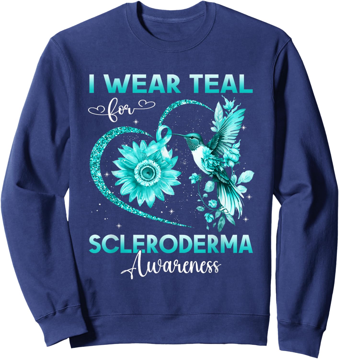 I Wear Teal For Scleroderma Awareness Hummingbird Sunflower Sweatshirt - Sweatshirt | Navy