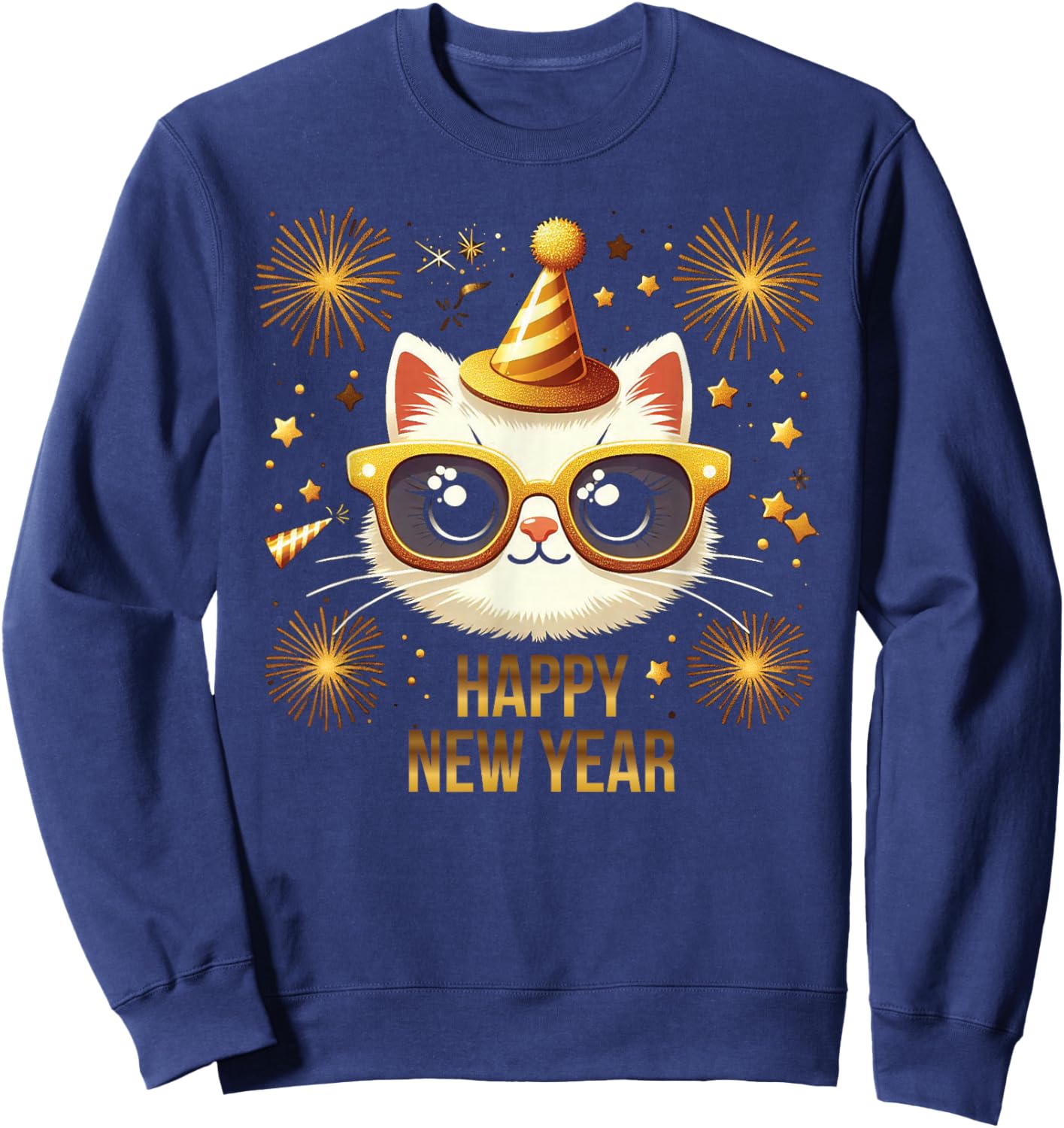 Happy New Year Cat Fireworks New Years Eve Party Sweatshirt - Sweatshirt | Navy