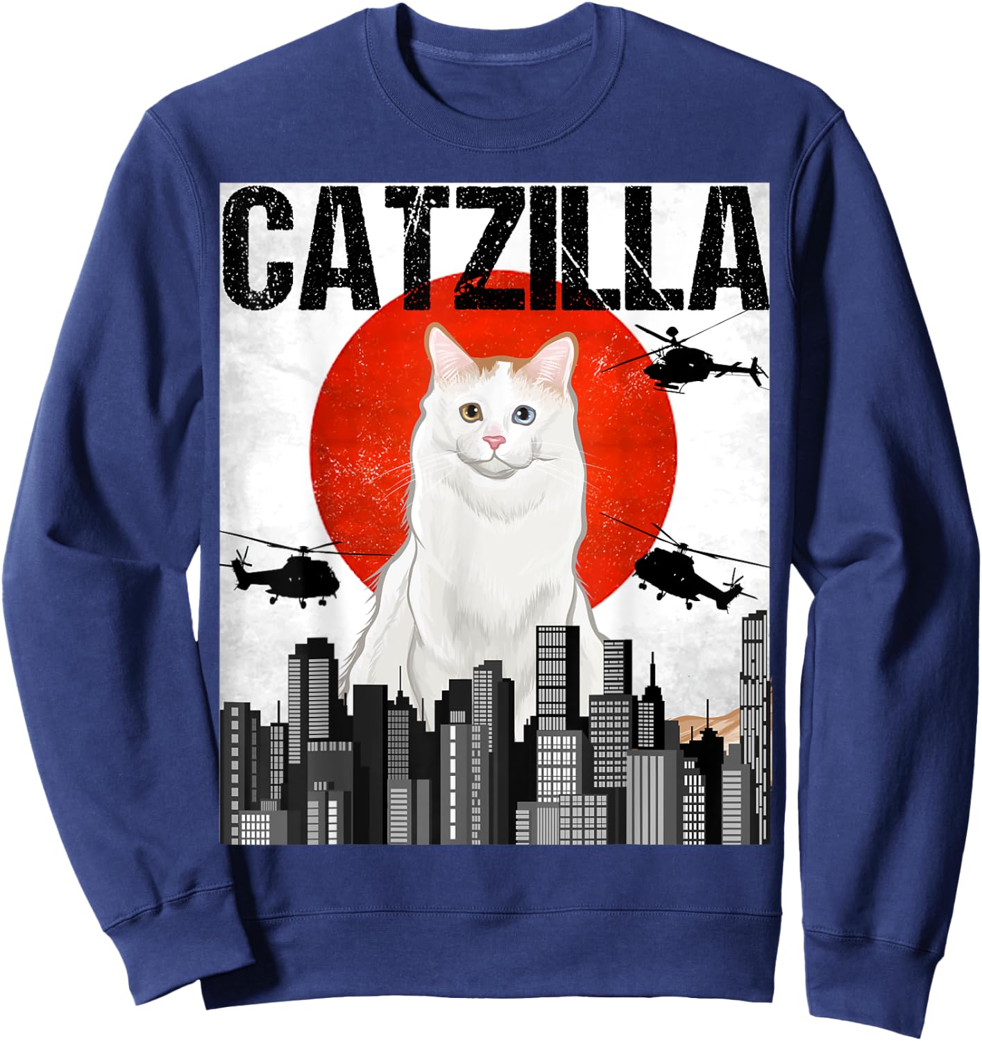Funny Vintage Japanese Catzilla Turkish Van Cat Men Women Kids Sweatshirt - Sweatshirt | Navy