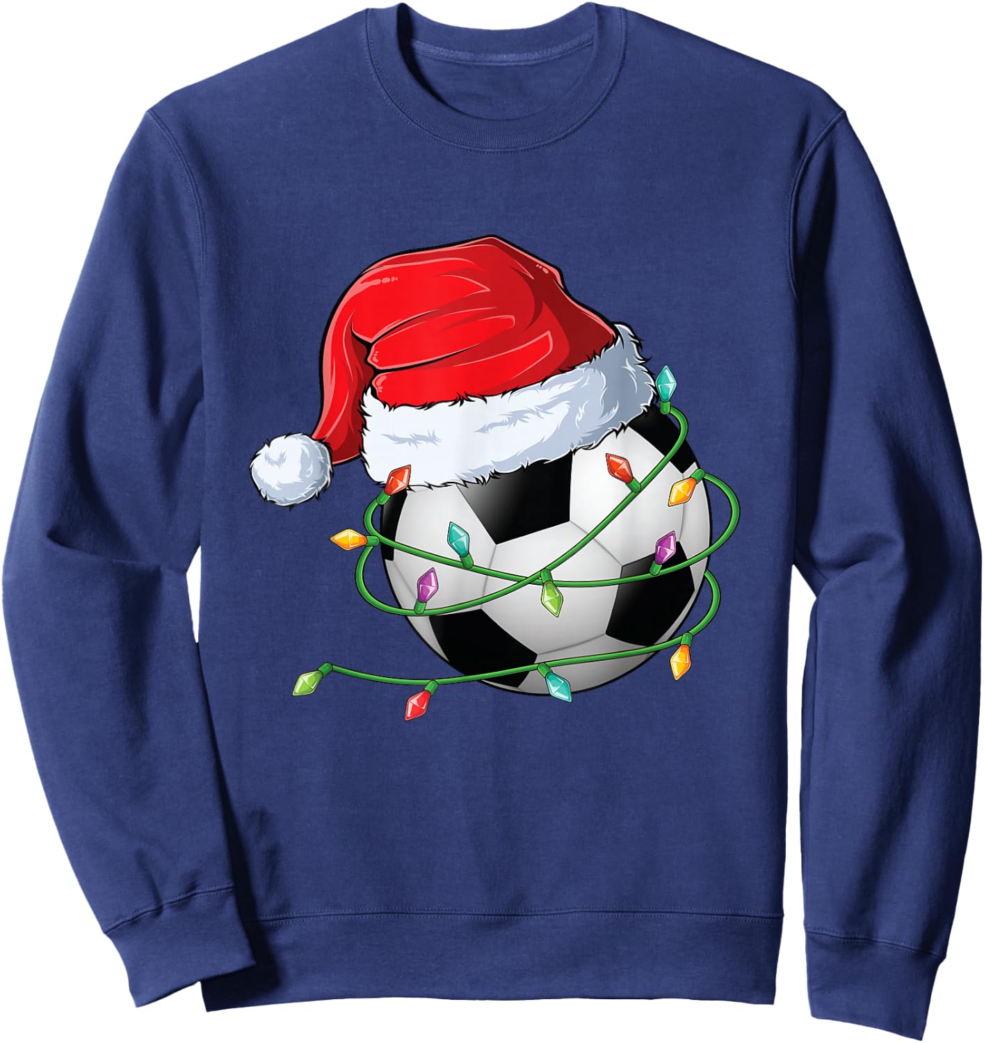 Christmas Soccer Santa Hat wrapped in Holiday Lights Sweatshirt - Sweatshirt | Navy