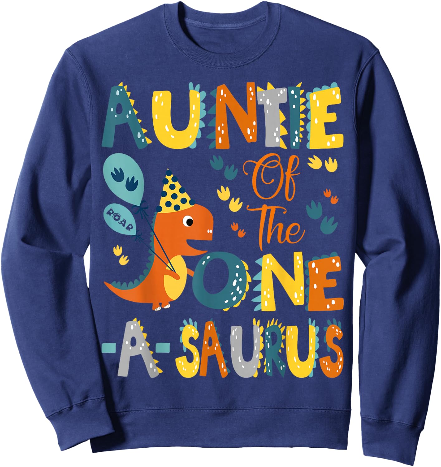 Dinosaur T-Rex 1St Birthday Matching Family Auntie Of The One-A-Saurus 1St Birthday Dinosaur Party -Kids Black Small Classic Fit Modern U-Neck Short Sleeve Sweatshirt - Sweatshirt | Navy