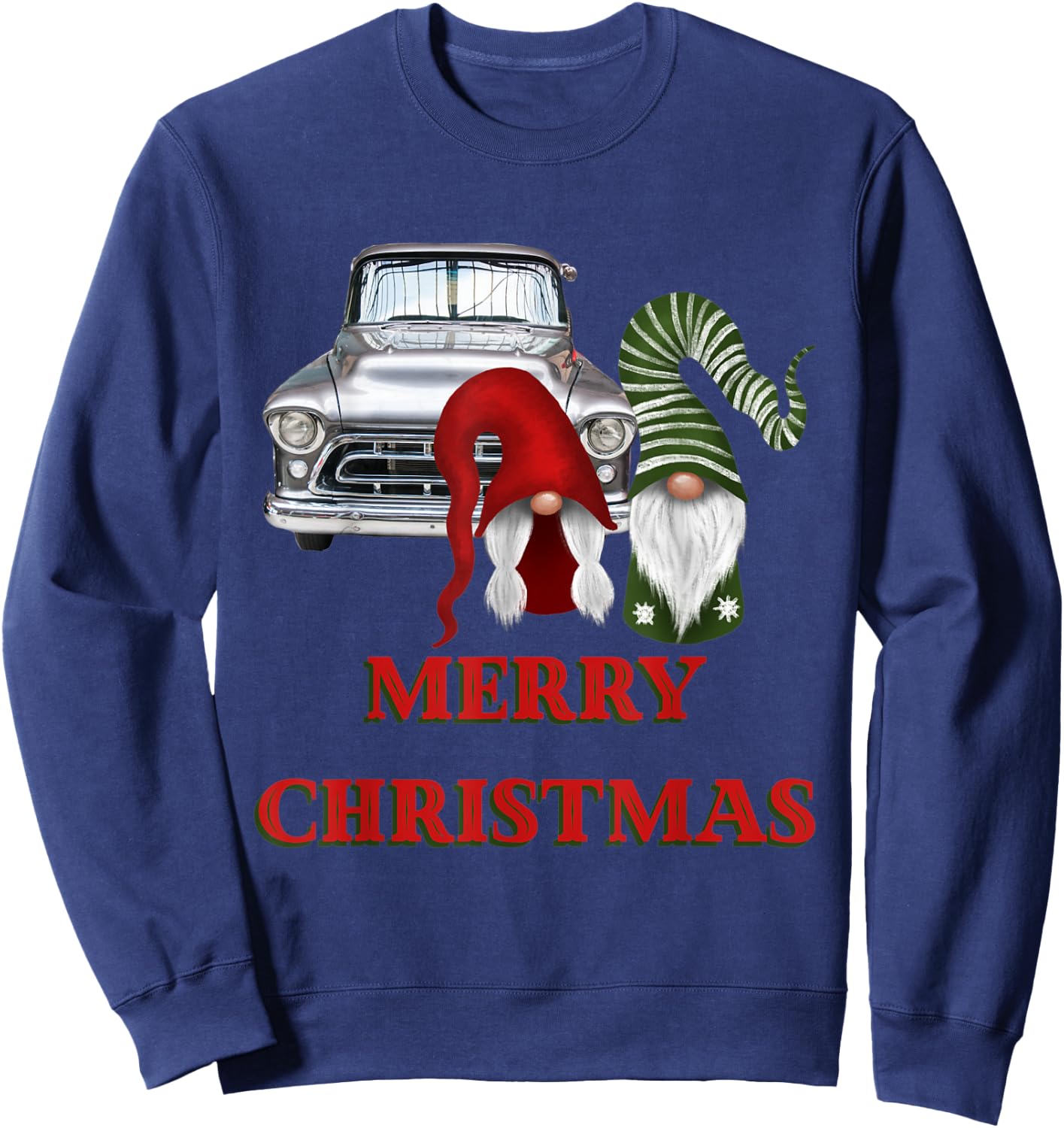 Merry Gnome Couple Old Pickup Truck Christmas Hotrod Holiday Sweatshirt - Sweatshirt | Navy