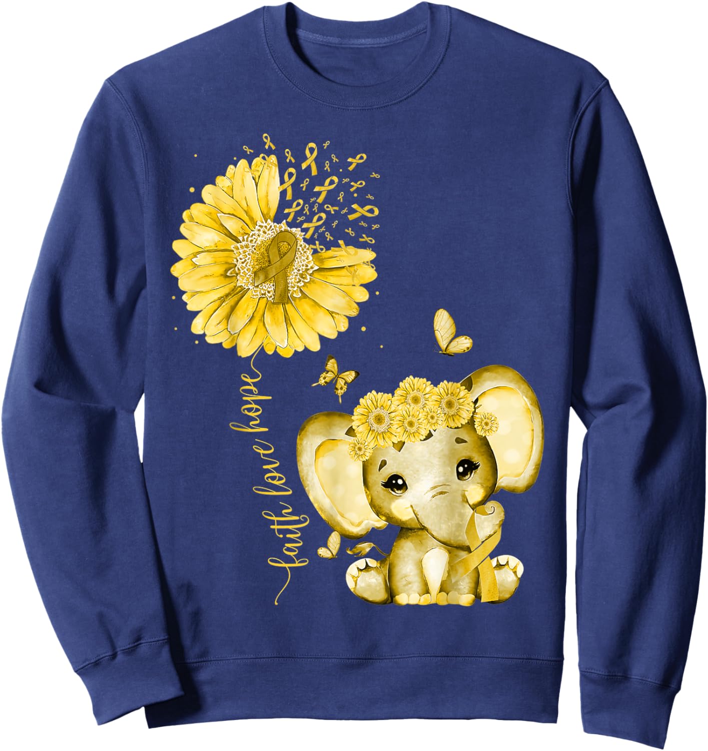 Childhood Cancer Cute Elephant With Sunflower Gold Ribbon Sweatshirt - Sweatshirt | Navy
