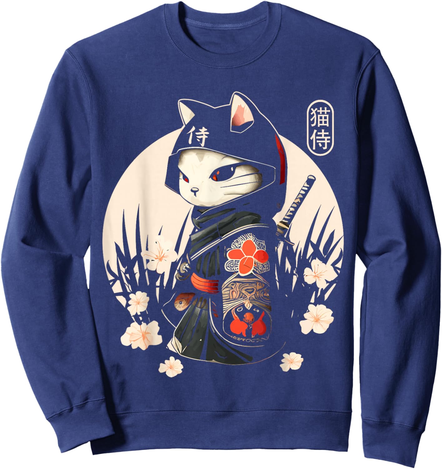 Japanese Samurai Cat Tattoo, Kawaii Ninja Cat Sweatshirt - Sweatshirt | Navy
