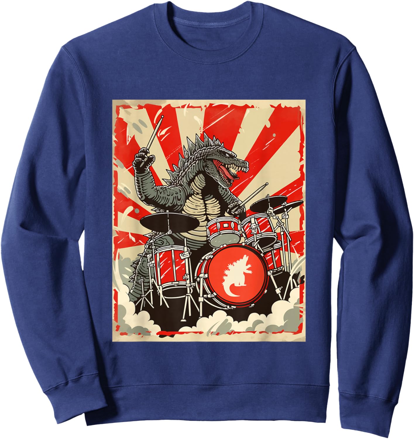 Japanese Monster Kaiju Smashing Drums Music Sweatshirt - Sweatshirt | Navy