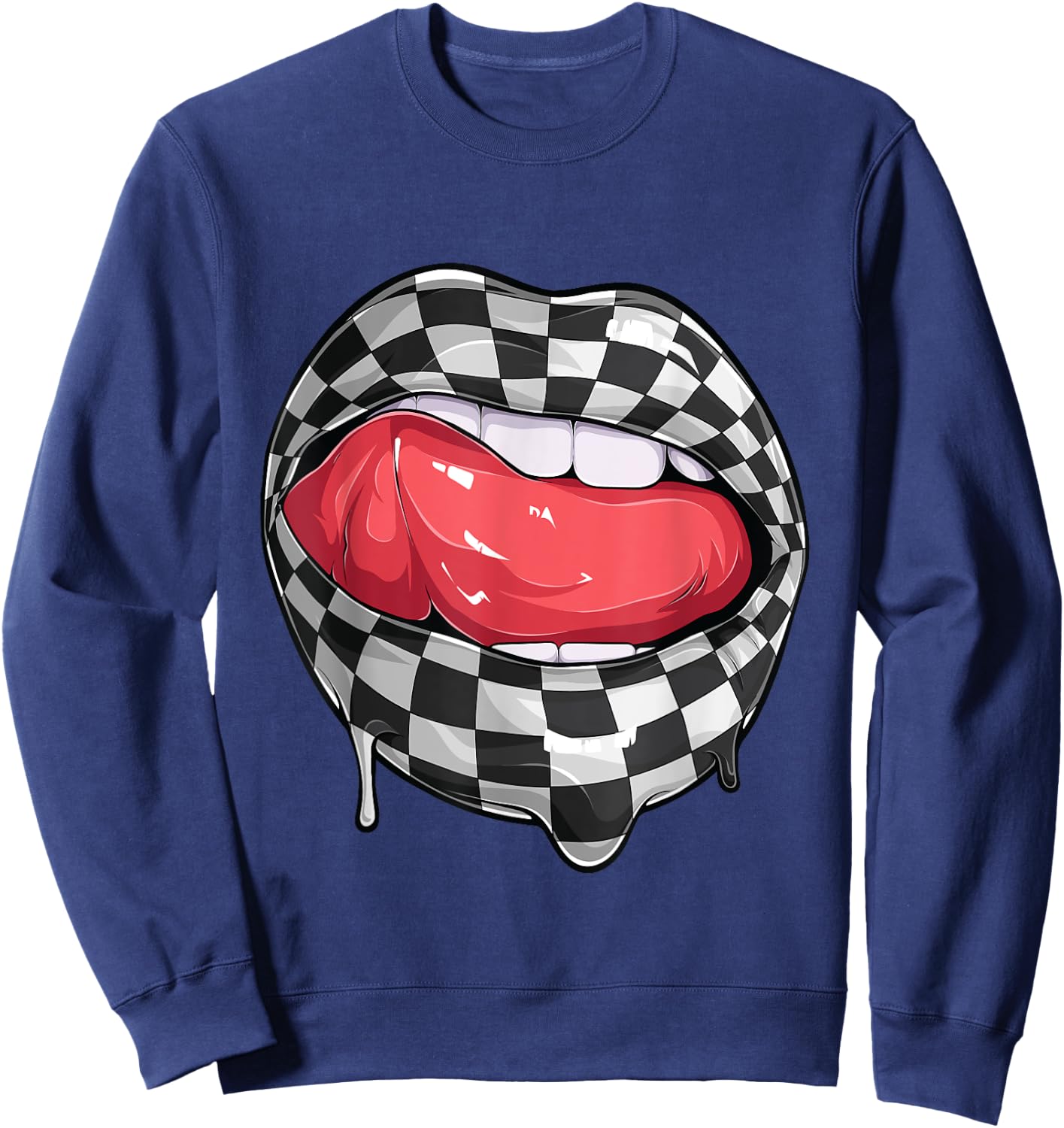 Funny Checkered Black White Lip Racer Race racing car Women Sweatshirt - Sweatshirt | Navy
