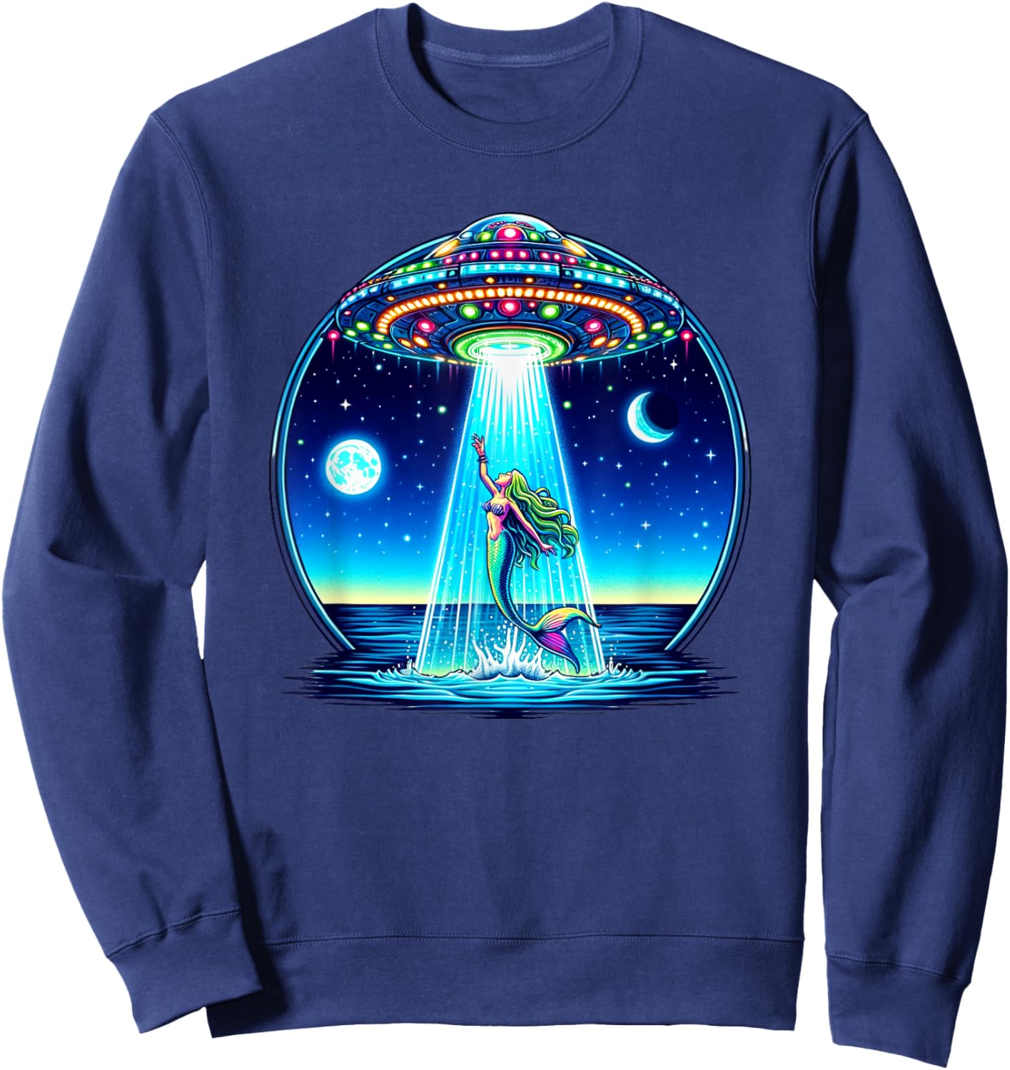 Mermaid Abduction Alien Invasion Funny UFO Spaceship Sweatshirt - Sweatshirt | Navy