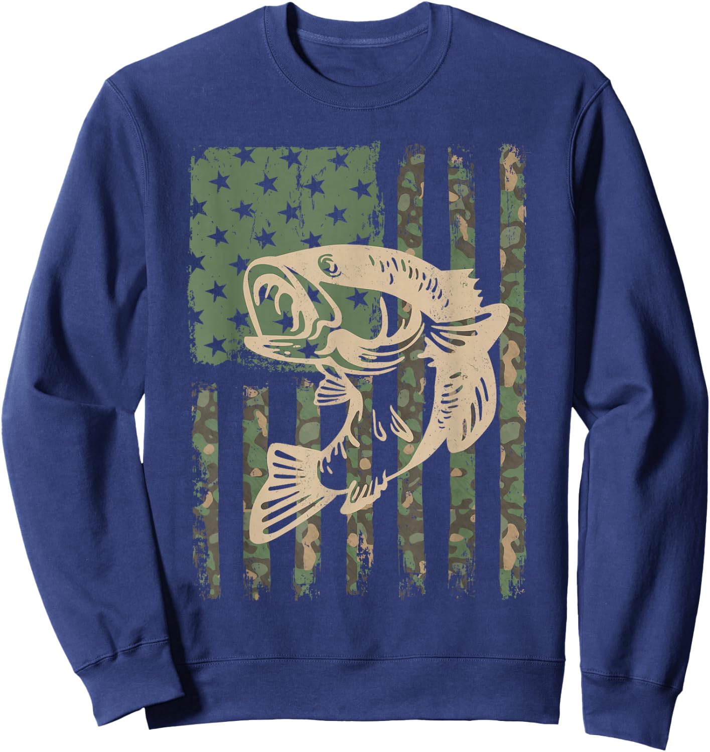 Camouflage USA Flag Big Mouth Bass Fishing Sweatshirt - Sweatshirt | Navy