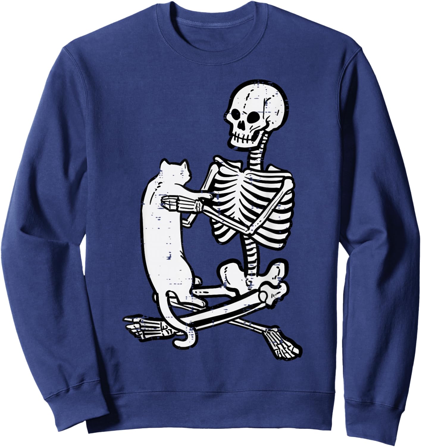 Skeleton Holding Cat Vintage Goth Halloween Men Women Kids Sweatshirt - Sweatshirt | Navy