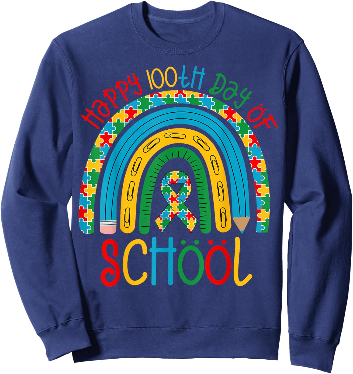 Happy 100th Days of School - Autism Puzzle Ribbon Awareness Sweatshirt - Sweatshirt | Navy