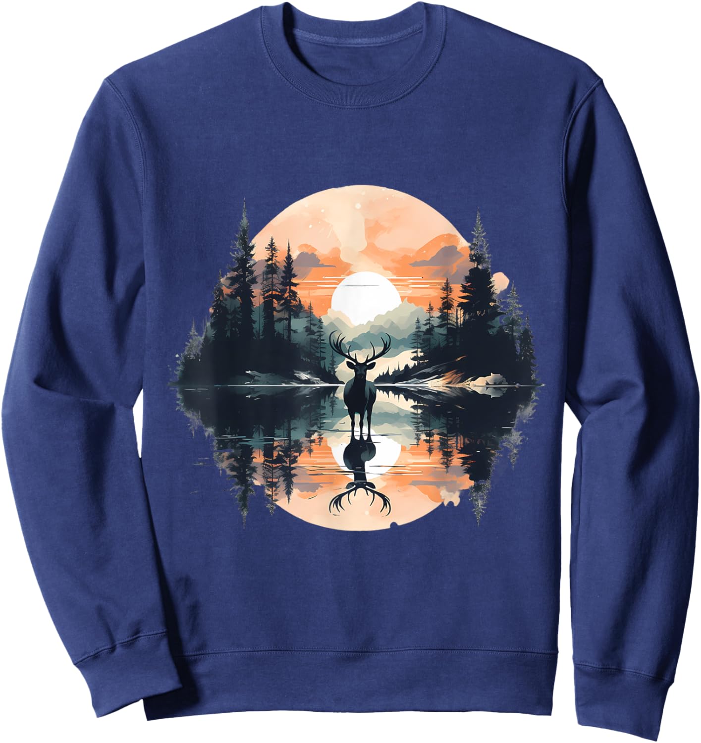 Deer Landscape Moon Motif Animal Lovers Forest Wildlife Sweatshirt - Sweatshirt | Navy