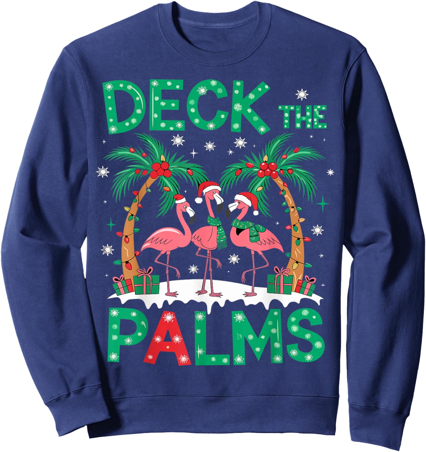 Deck the Palms Flamingo Tropical Christmas Lights Palm Tree Sweatshirt - Sweatshirt | Navy