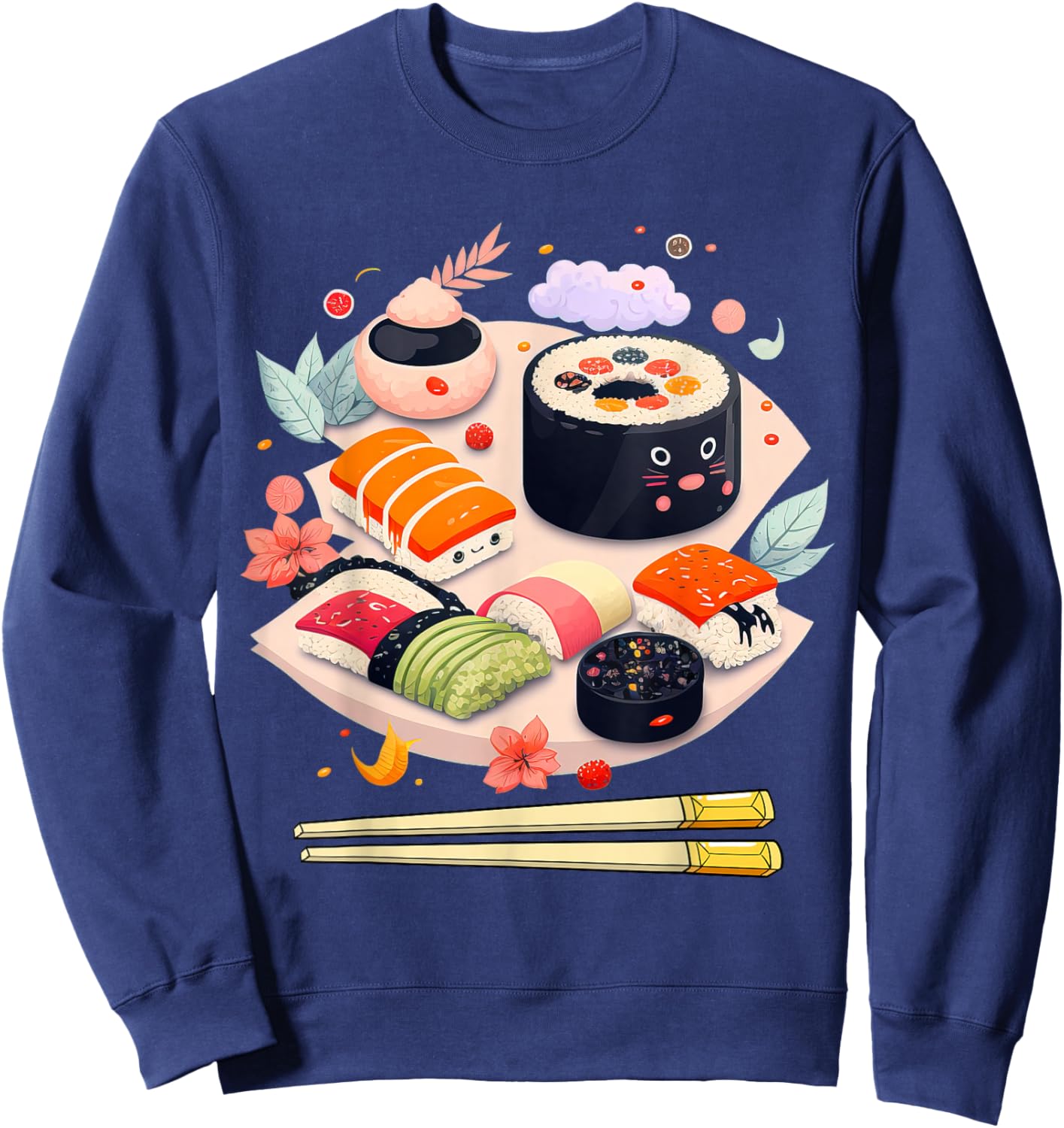 Happy Sushi Anime Kawaii Set Japanese Food Lover Otaku Manga Sweatshirt - Sweatshirt | Navy