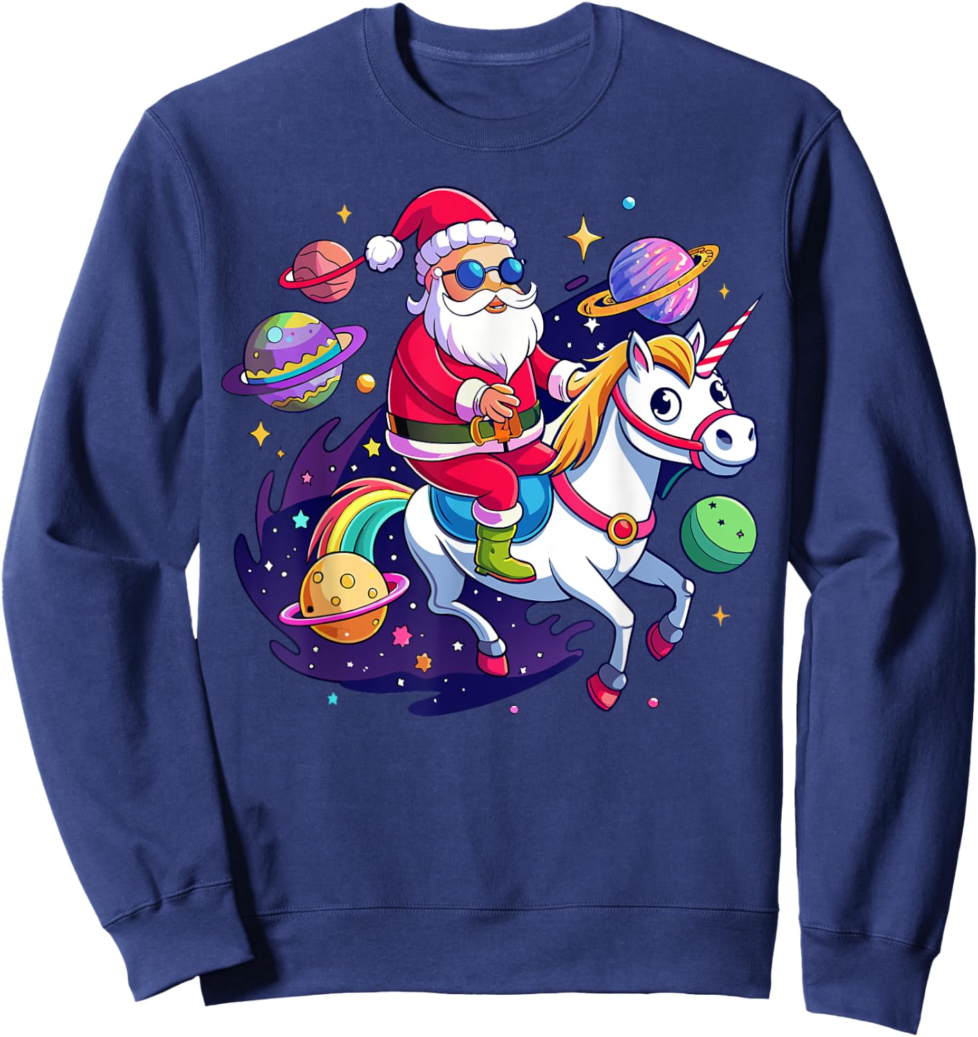 Christmas Santa Riding Unicorn Cute Xmas Holiday Girls Women Sweatshirt - Sweatshirt | Navy