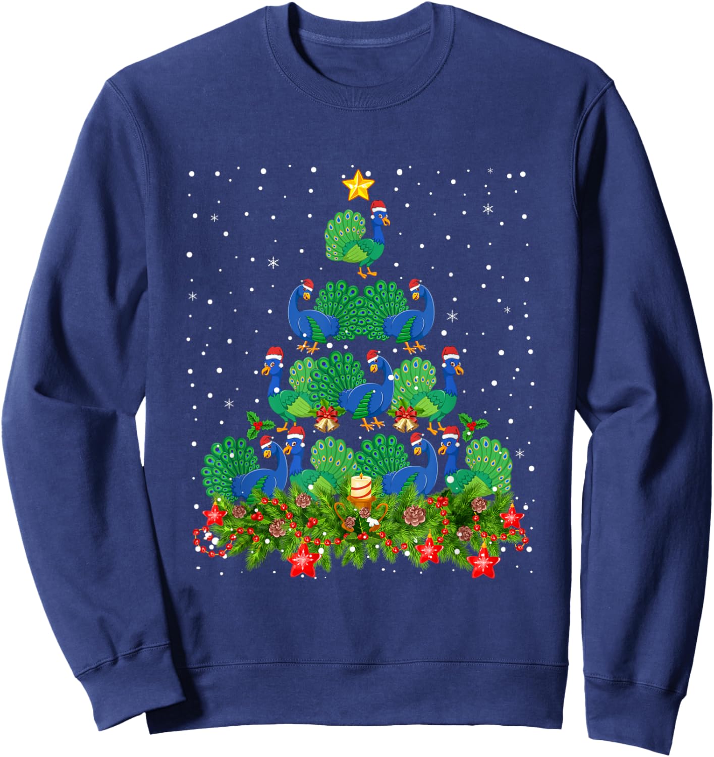 Peacock Bird Xmas Tree - Santa Hat Peacock Christmas Sweatshirt - Sweatshirt | Navy