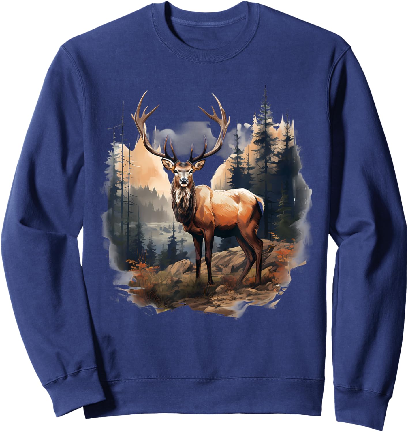 Deer Forest Landscape Wildlife Artwork Nature Animal Lovers Sweatshirt - Sweatshirt | Navy