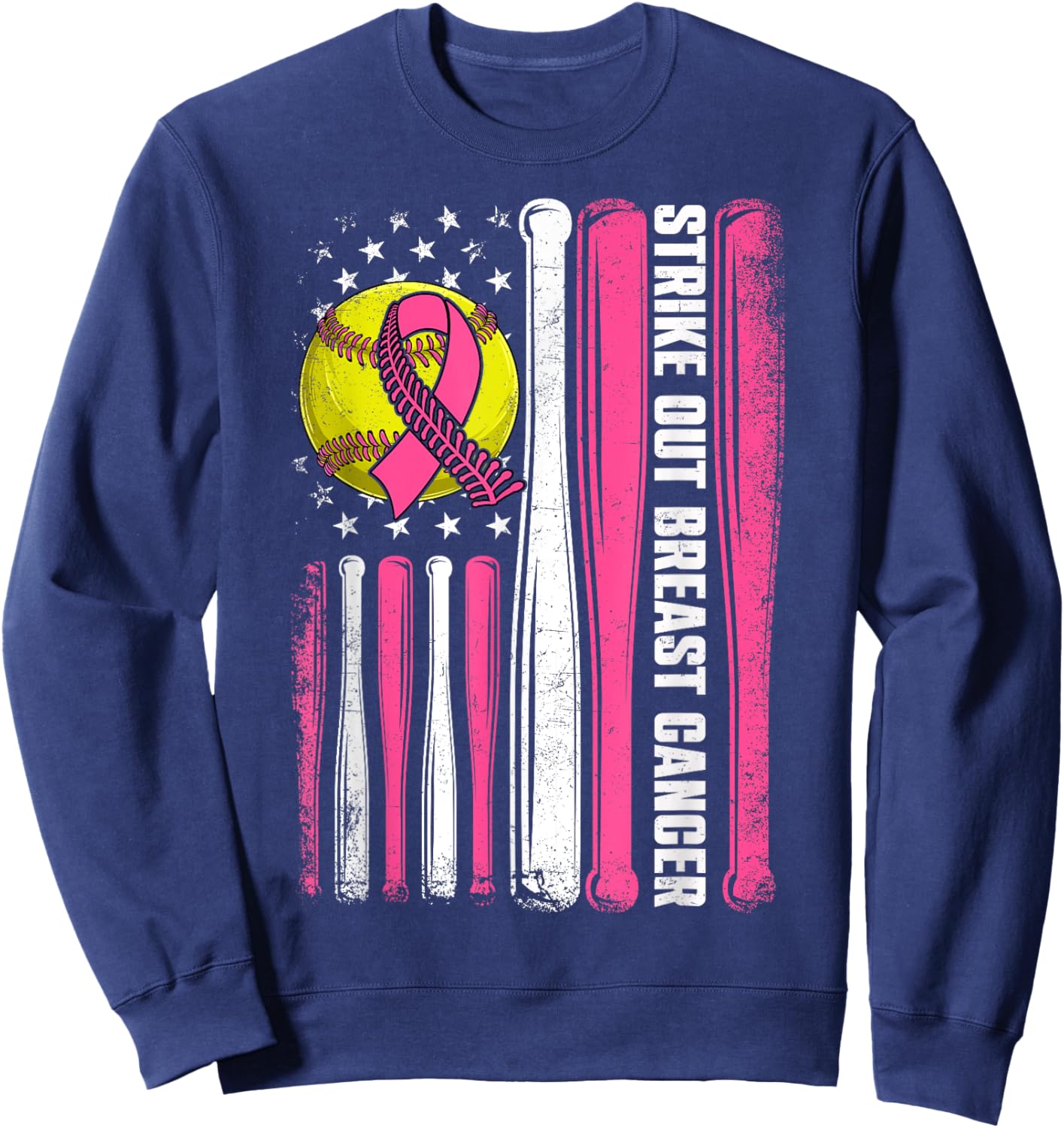 Strike Out Breast Cancer Softball American Flag Women Girls Sweatshirt - Sweatshirt | Navy