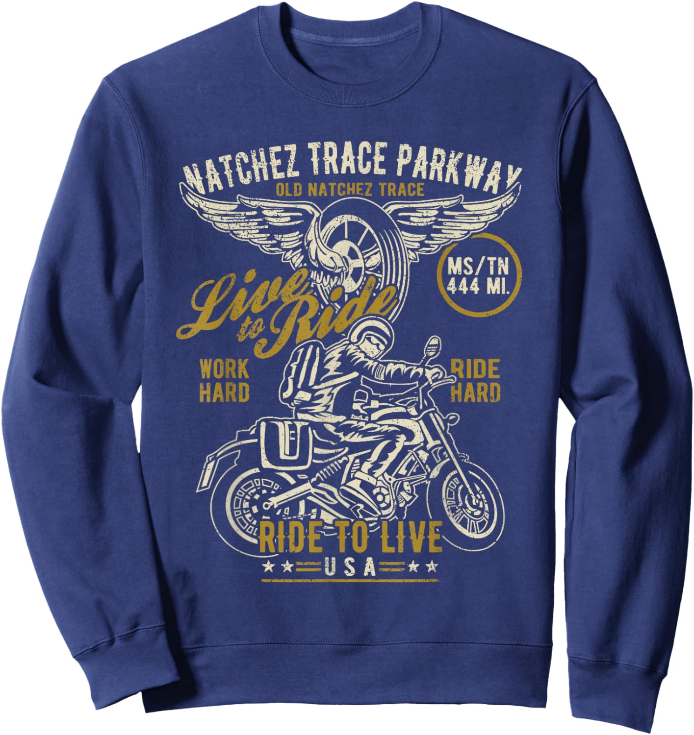 Natchez Trace Parkway MS TN USA Motorcycle Distressed Design Sweatshirt - Sweatshirt | Navy