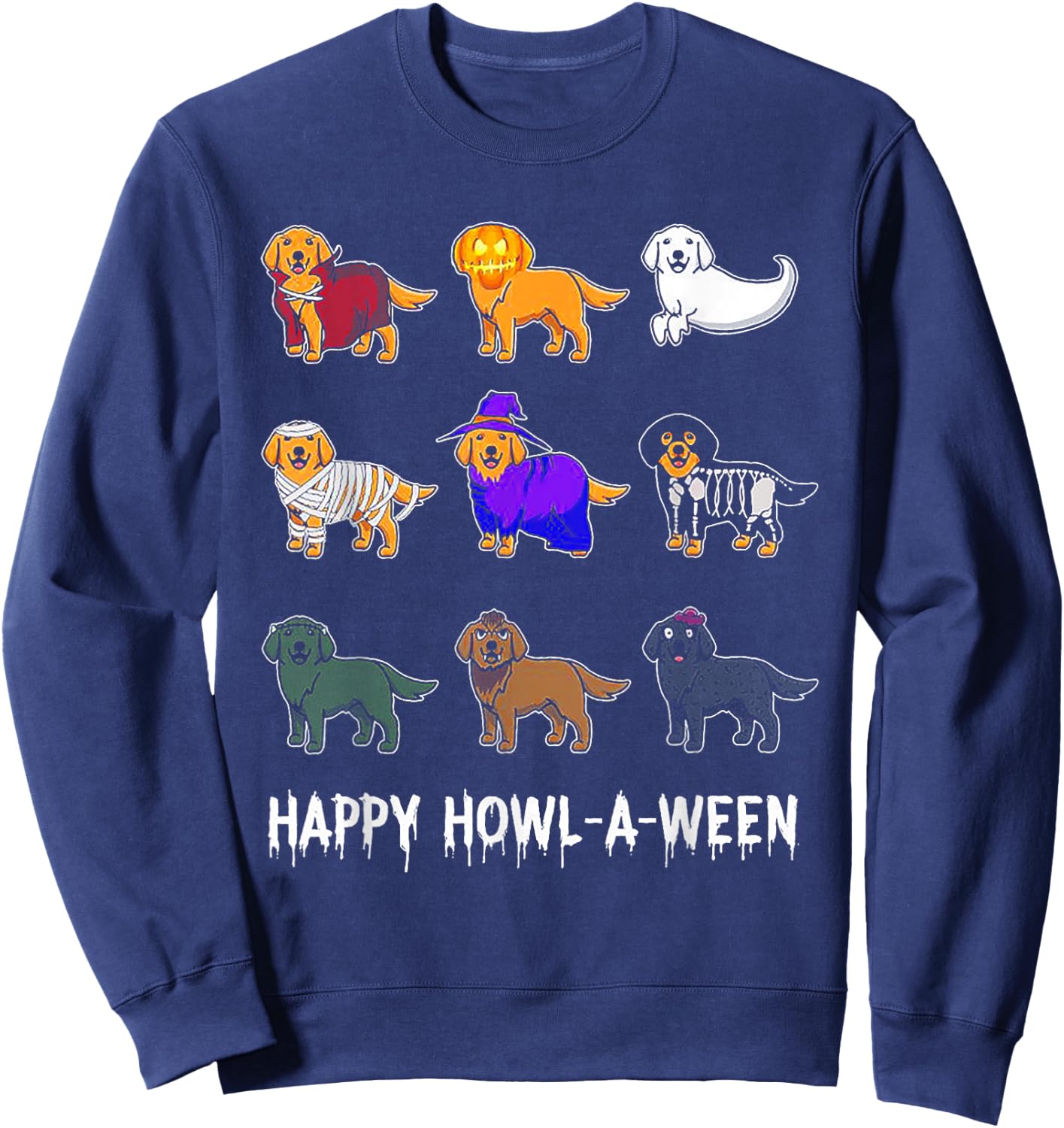 Funny Golden Retriever Dog Halloween Happy Howl-o-ween Men Women Kids Sweatshirt - Sweatshirt | Navy