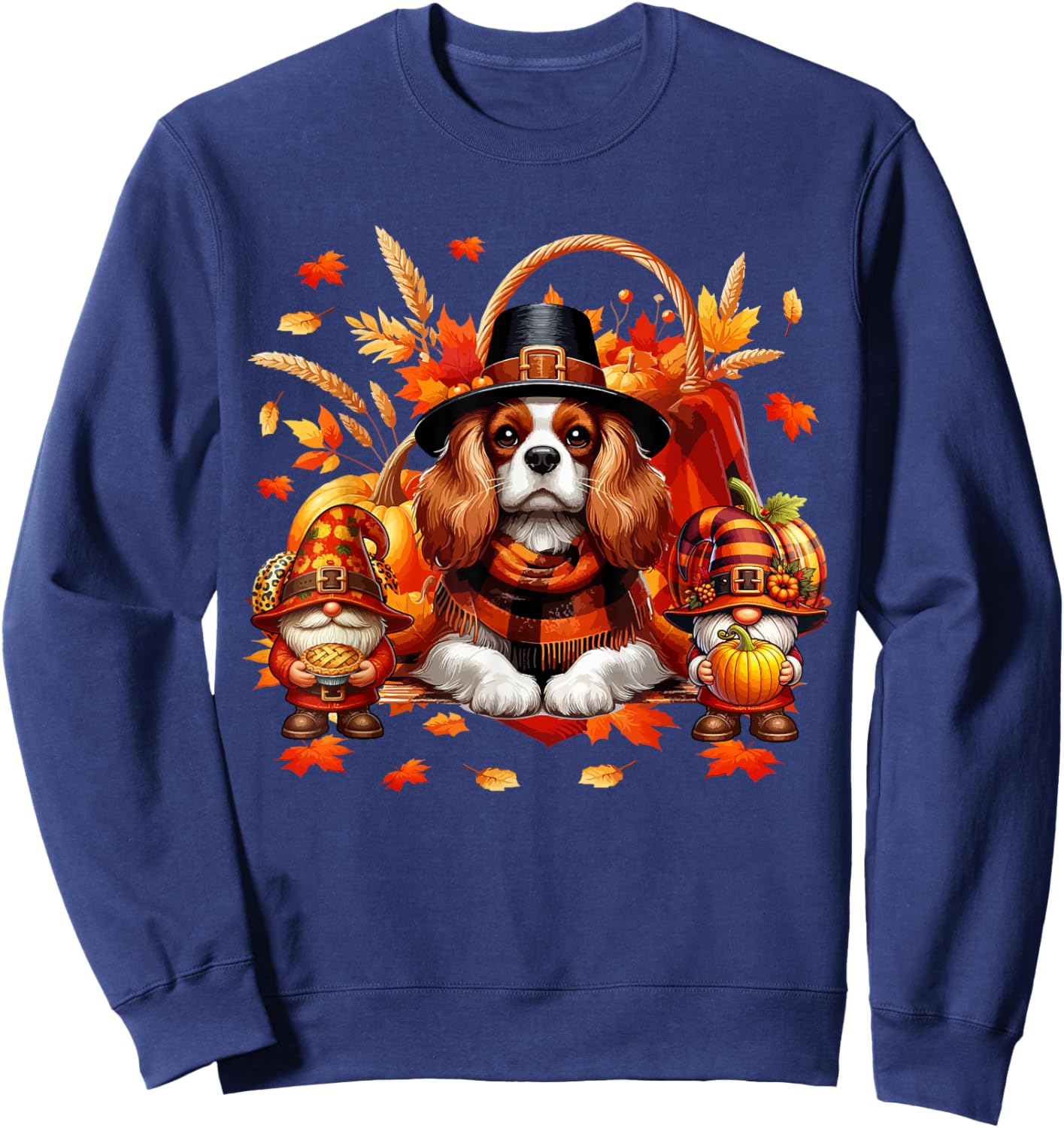 Thanksgiving Cavalier King Charles Spaniel With Gnomes Fall Sweatshirt - Sweatshirt | Navy